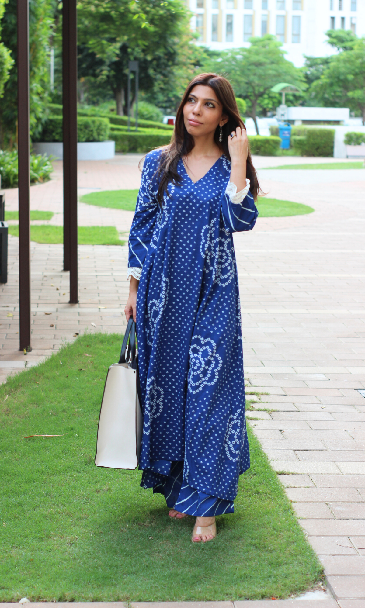 Cotton Blue Meadow Print High Low Kurta & Palazzo