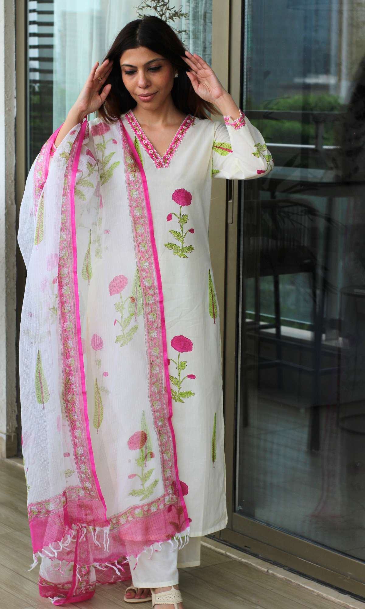 Ivory Gulbagh Handblock Print Cotton Kurta, Pant & Kota Doria Printed Dupatta