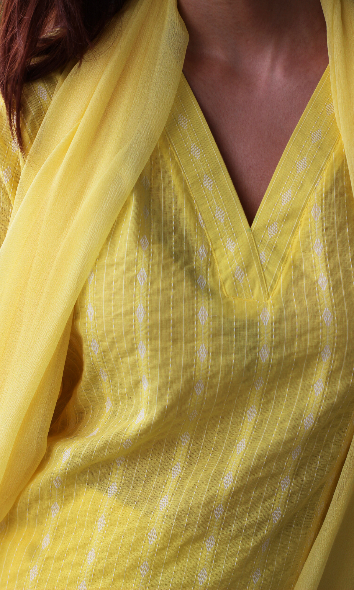 Lemon Zest Cotton Kantha Kurta, Pant & Chiffon Dupatta