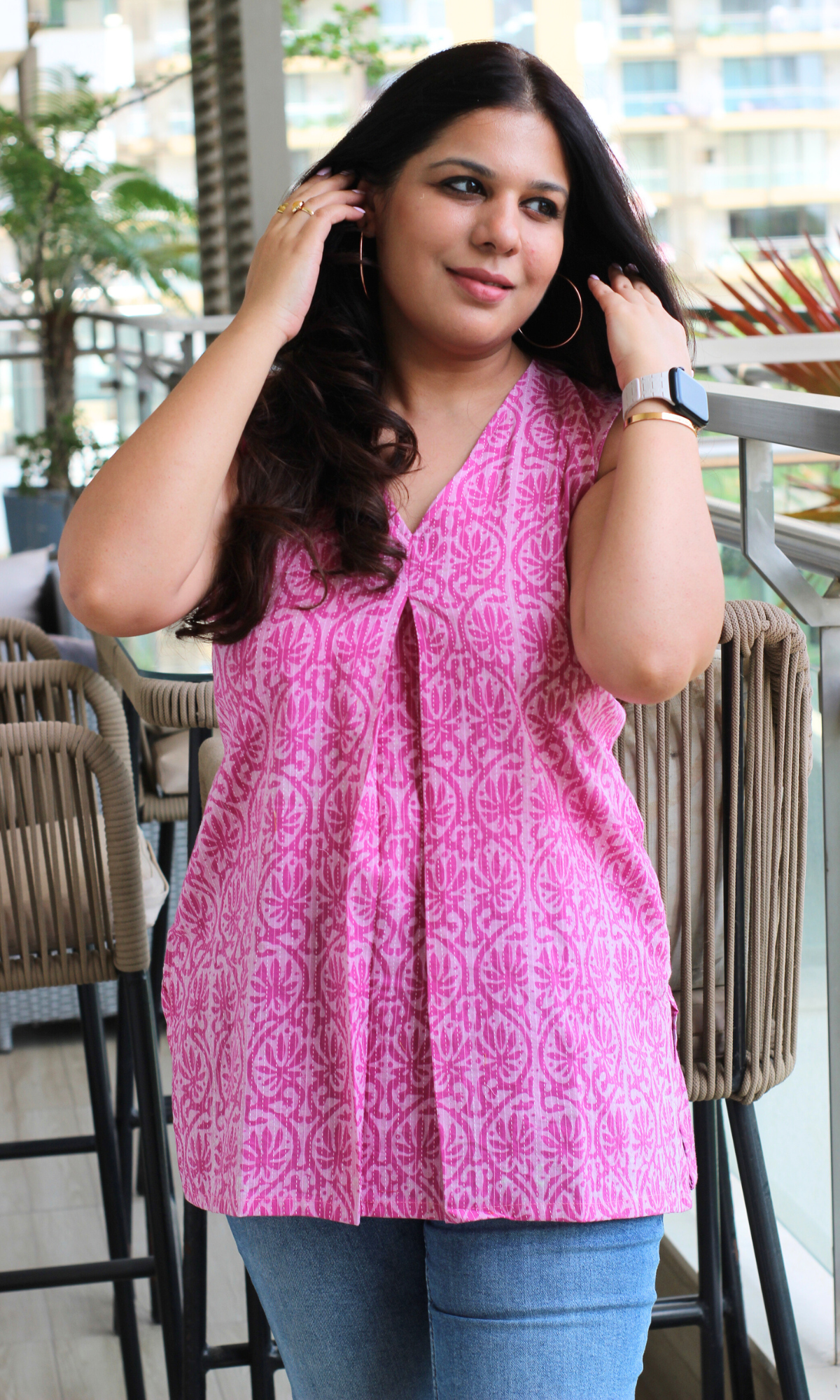 Pink Kantha Printed Cotton Pleated Short Kurti