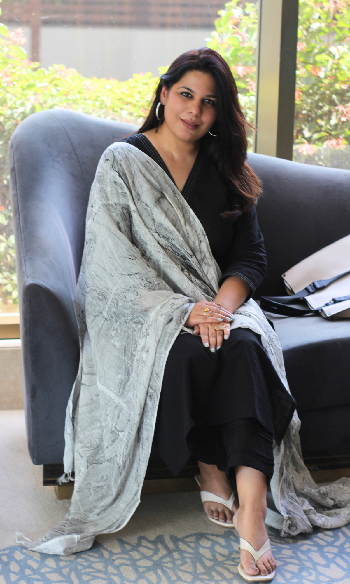 Cotton Slub Black Suit With Mist Marble Print Slub Dupatta