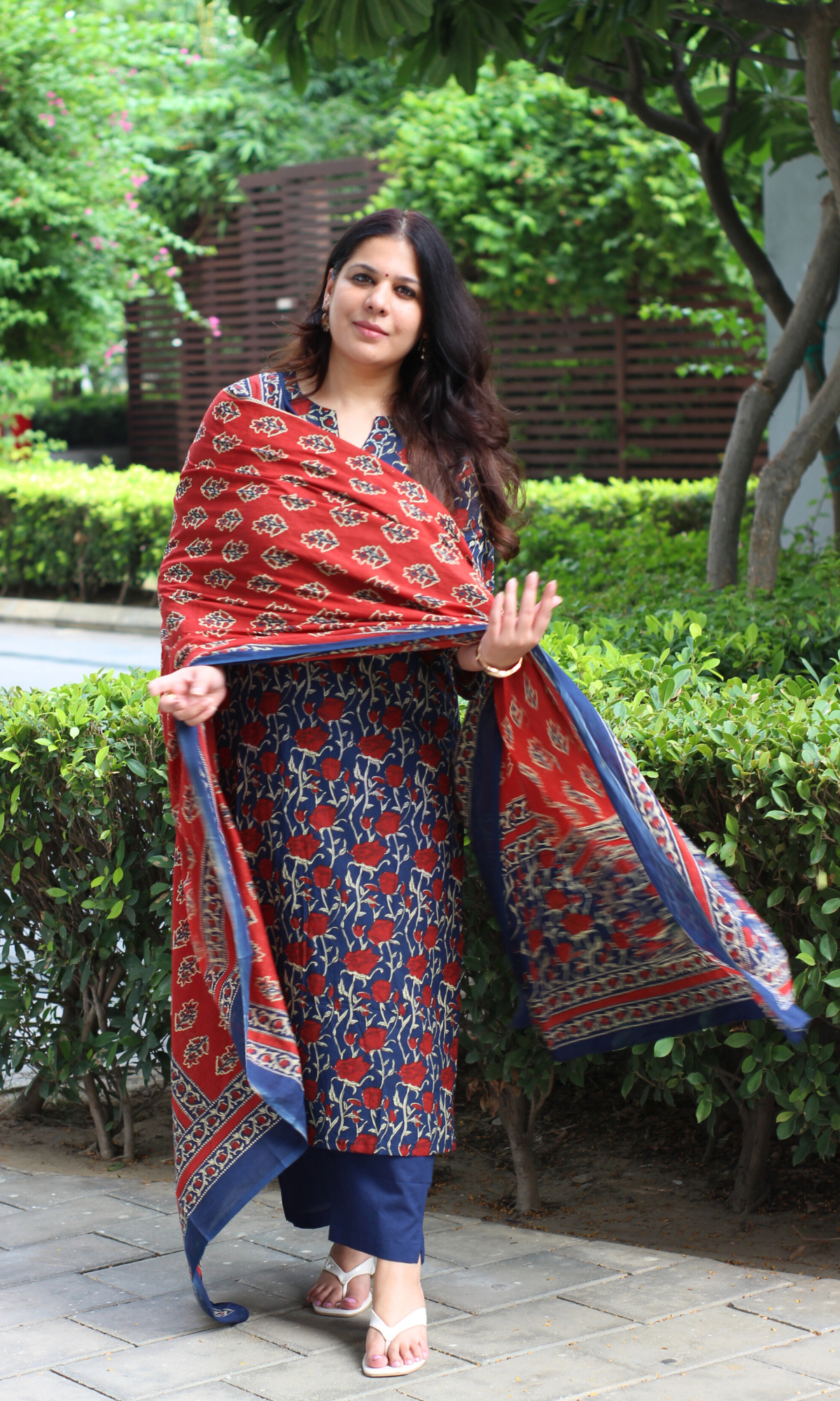 Cotton Blue Rose Ajrakh Print Kurta, Dupatta & Cotton Pants