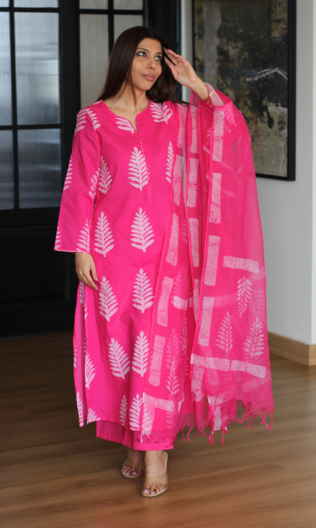 Pink Leaf Boota Handblock Print Cotton Kurta, Pant, Printed Kota Doria Dupatta