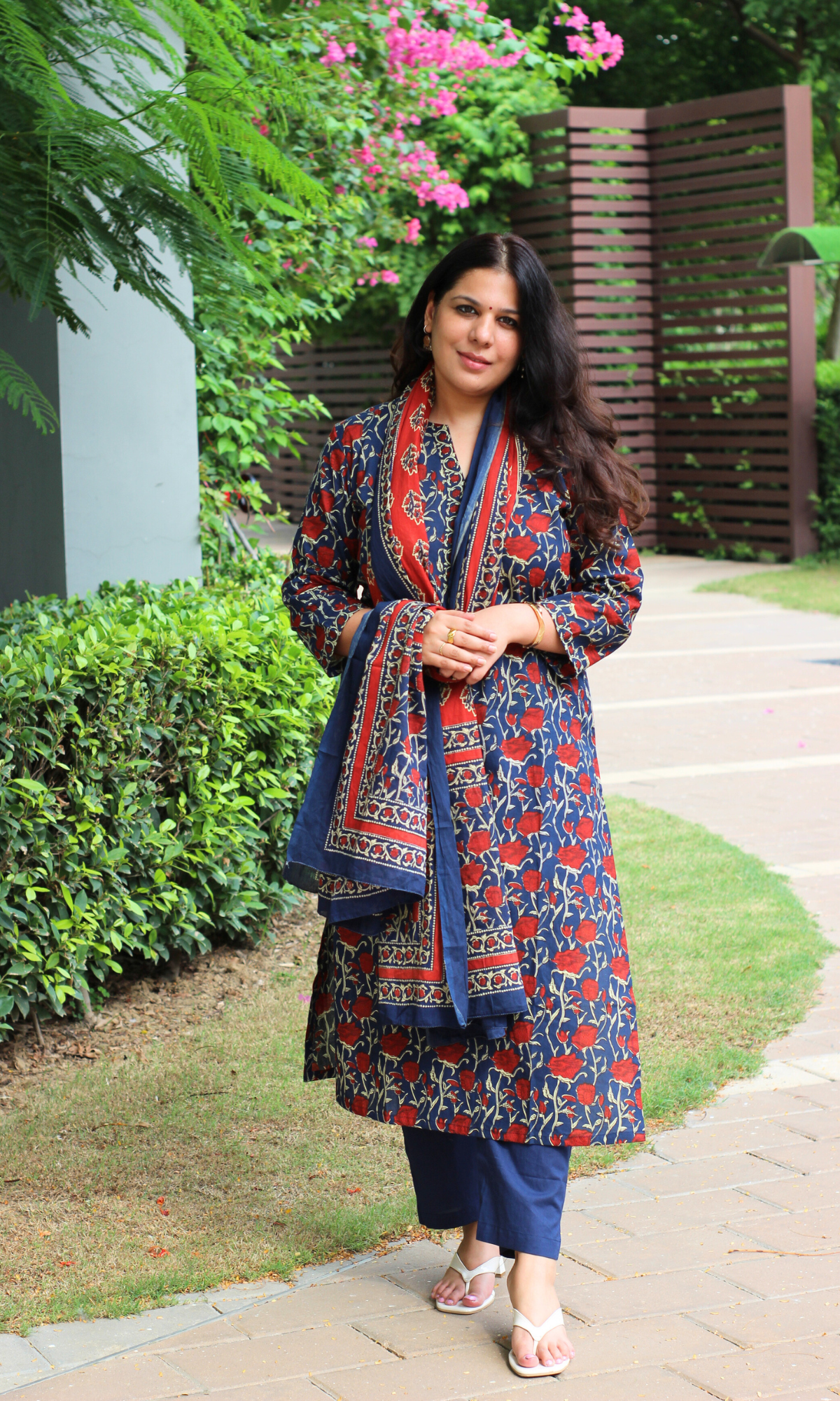 Cotton Blue Rose Ajrakh Print Kurta, Dupatta & Cotton Pants