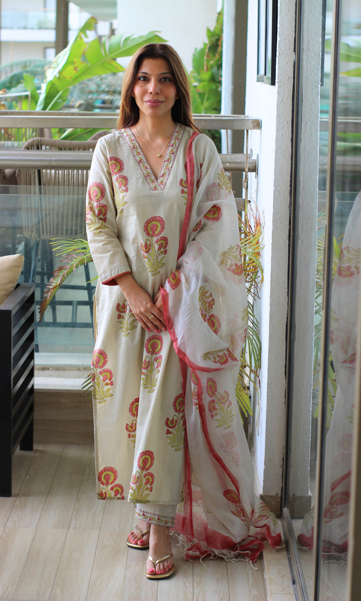 Saira Sorbet Flower Handblock Print Kurta, Pant and Kota Doria Printed Dupatta
