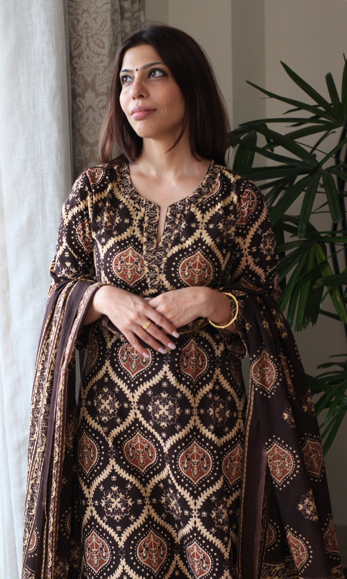 Mocha Royale Ajrakh Print Cotton Kurta, Dupatta & Plain Pants