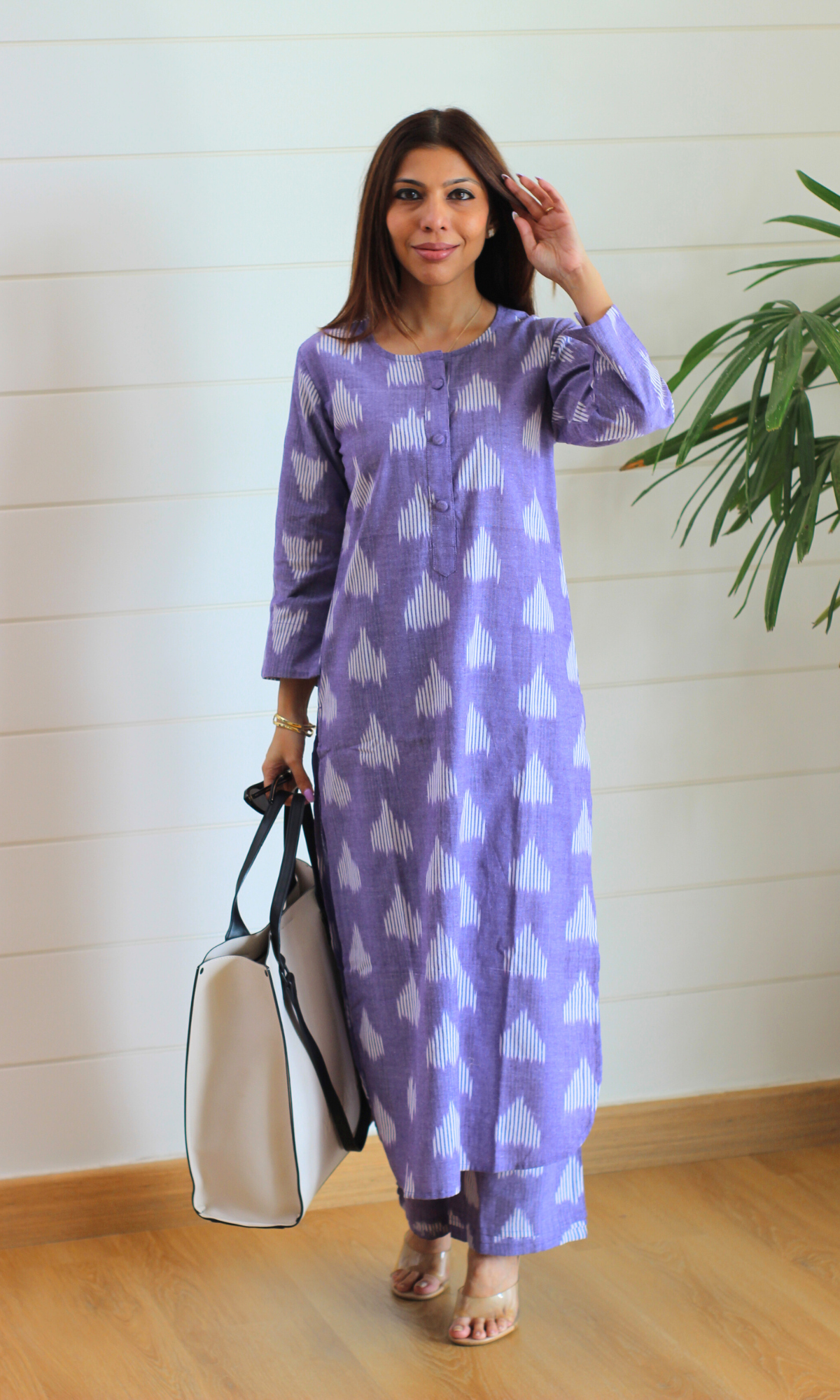 Lavender Haze Ikat Buttoned Kurta with Pintuck Pleated Pants