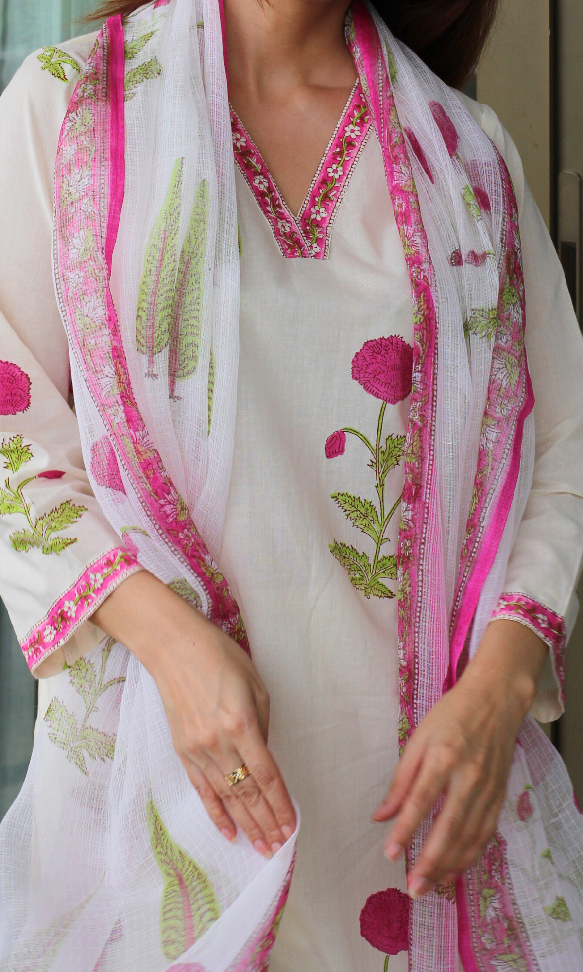 Ivory Gulbagh Handblock Print Cotton Kurta, Pant & Kota Doria Printed Dupatta