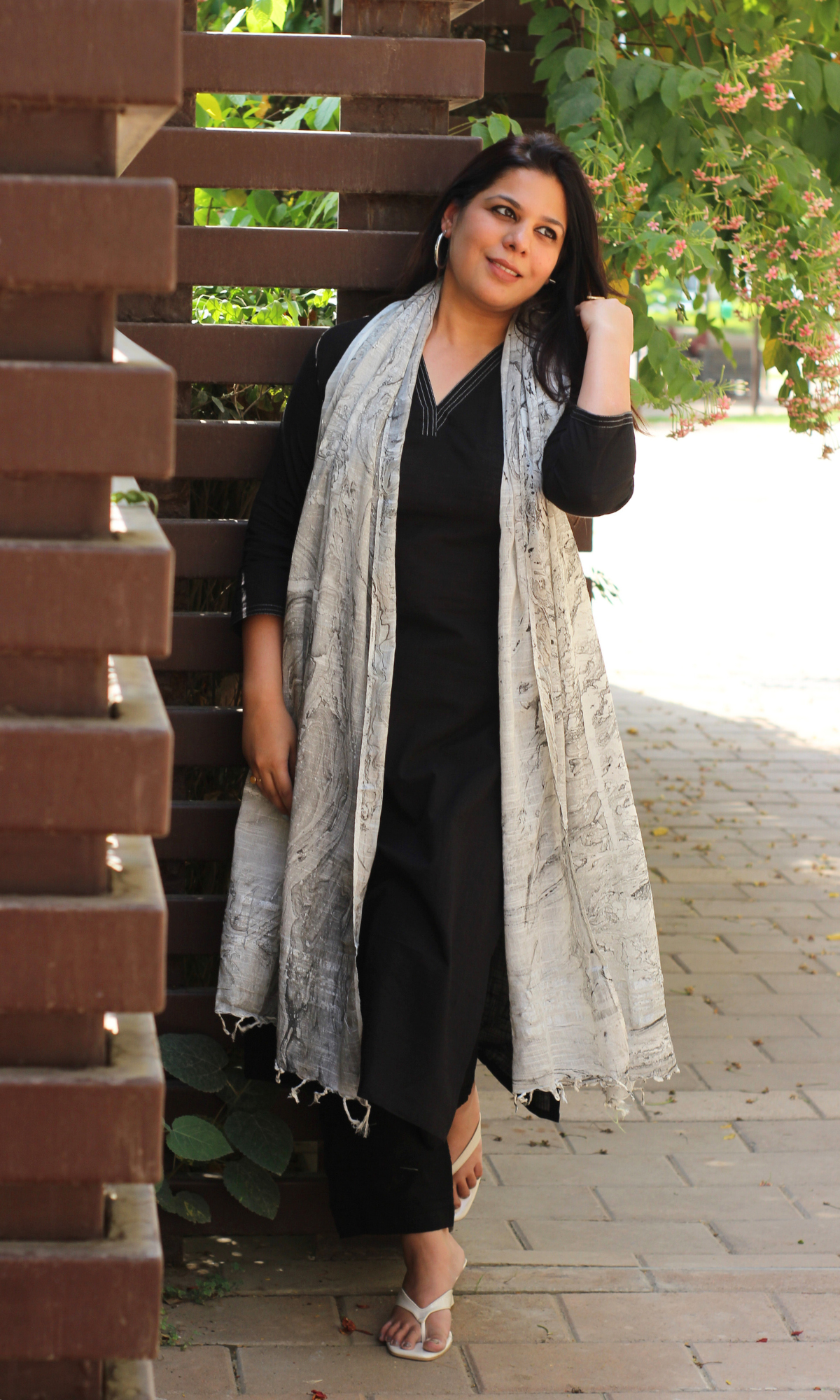 Cotton Slub Black Suit With Mist Marble Print Slub Dupatta