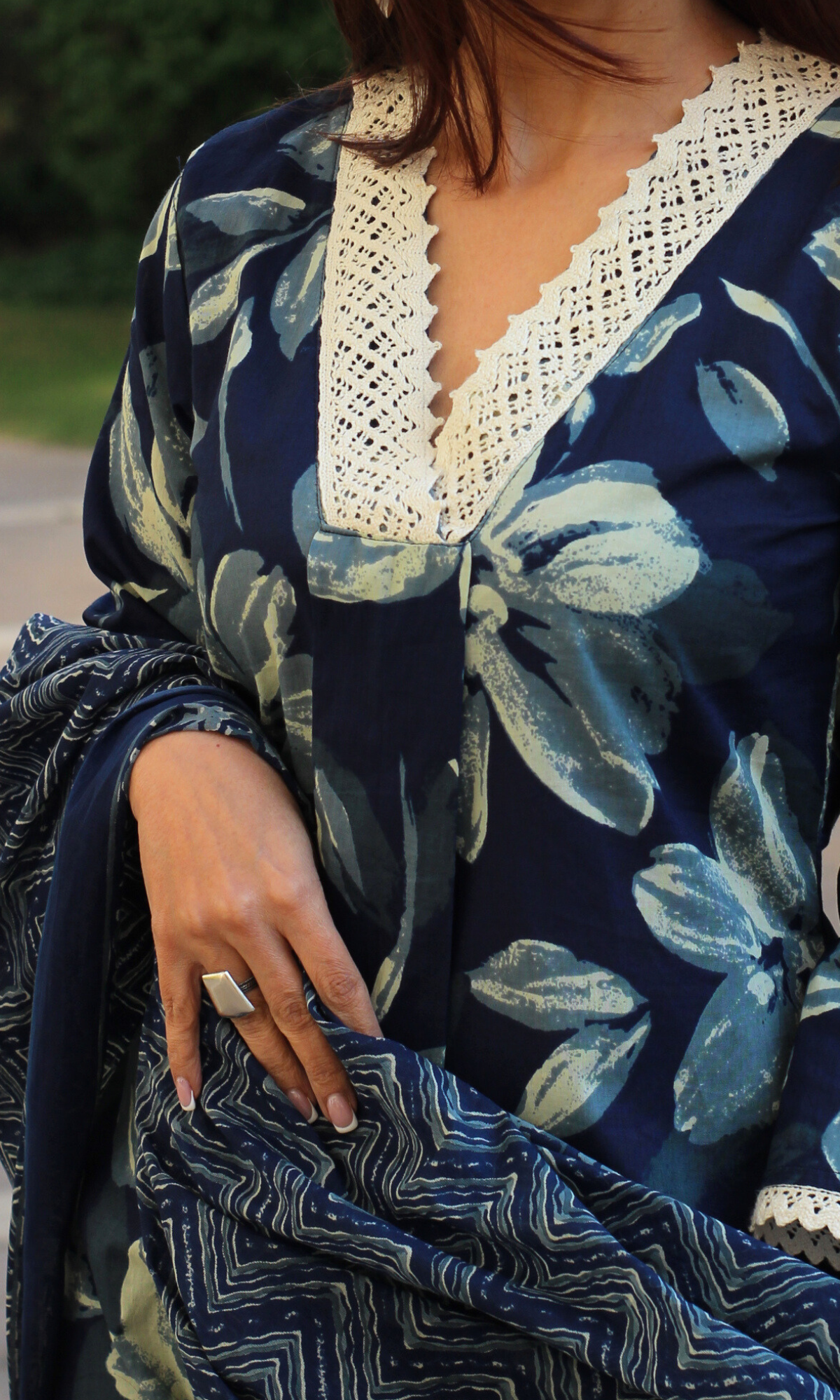 Cotton Dark Blue Floral A Line Suit with Lace Detailing & Palazzo with Dupatta