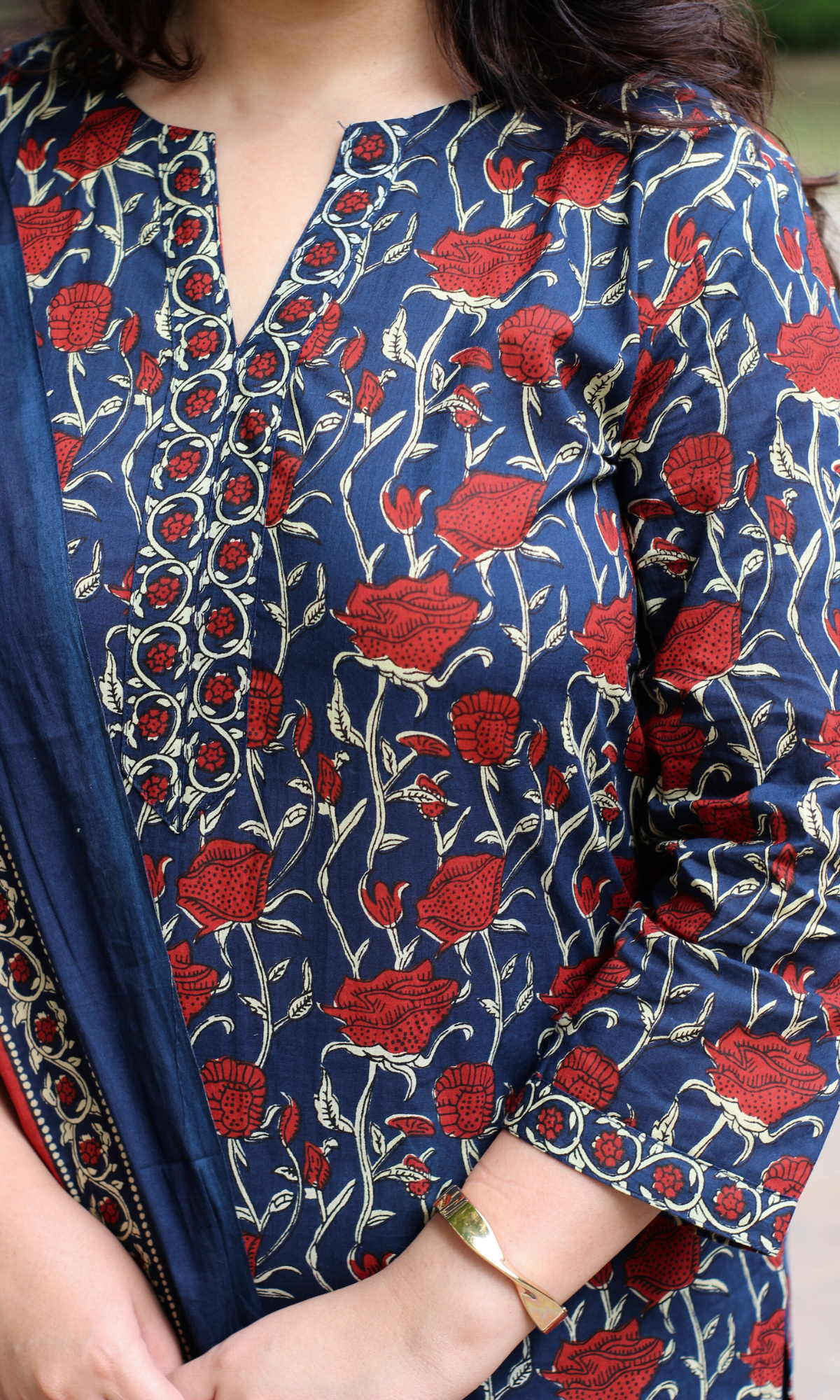 Cotton Blue Rose Ajrakh Print Kurta, Dupatta & Cotton Pants