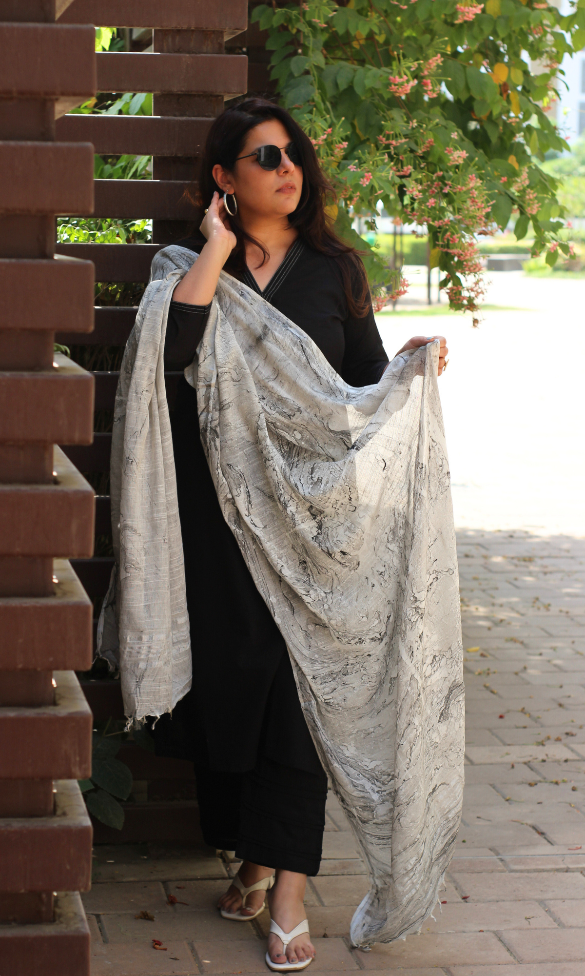 Cotton Slub Black Suit With Mist Marble Print Slub Dupatta
