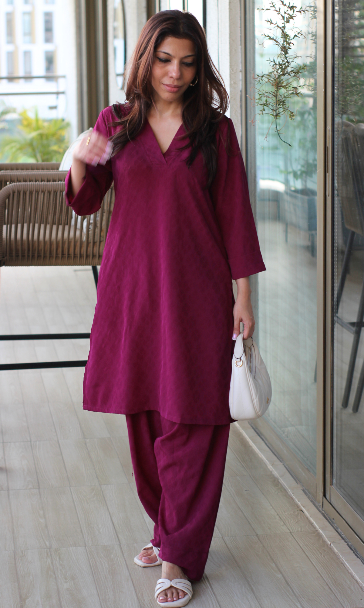 Wine Textured Kurta with Farshi Salwaar