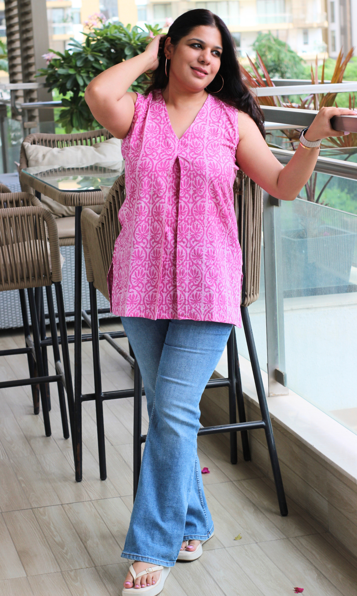 Pink Kantha Printed Cotton Pleated Short Kurti