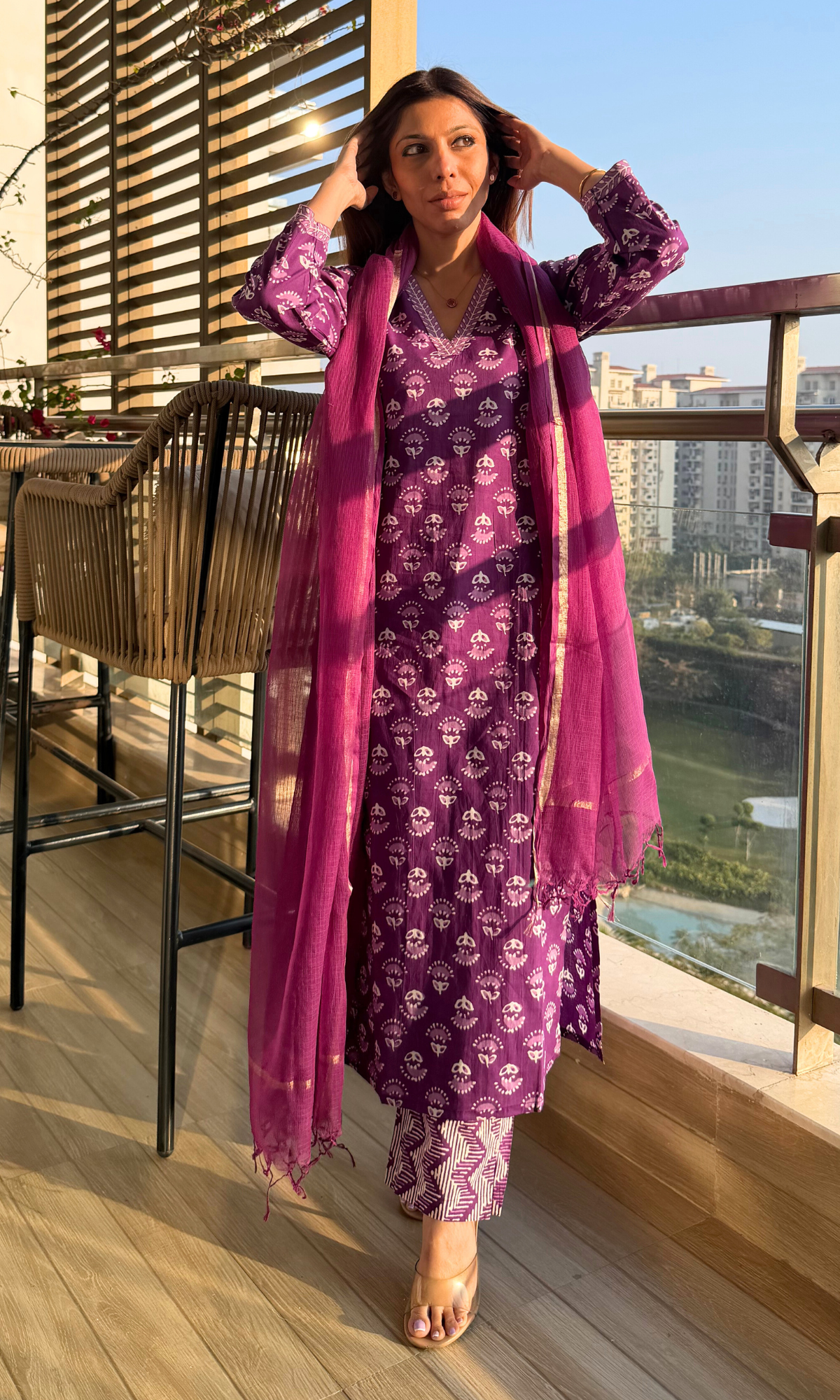 Cotton Orchid Block Printed Suit Set with Kota Doria Dupatta