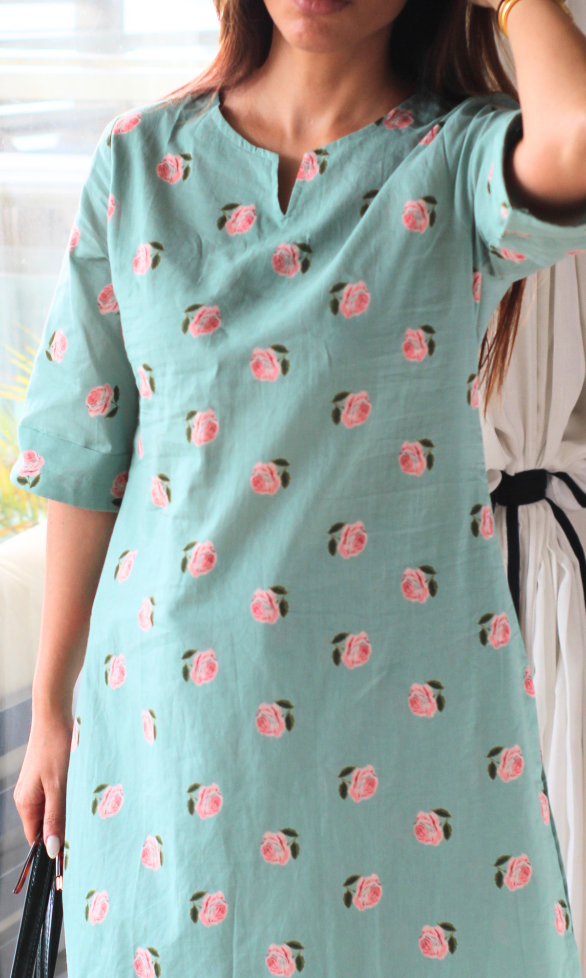 Sea Green Rose High Low Kurta and Pants
