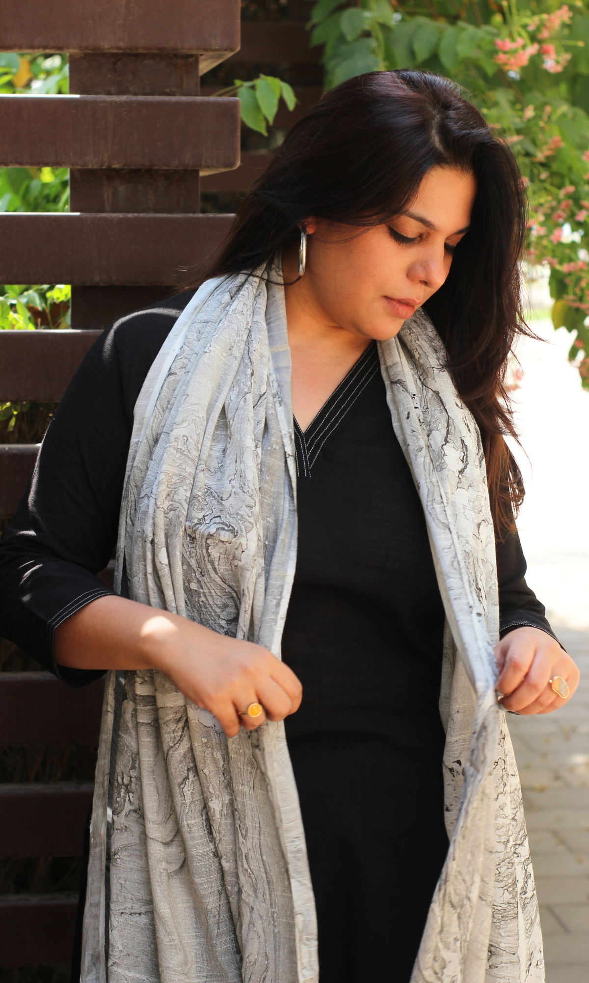 Cotton Slub Black Suit With Mist Marble Print Slub Dupatta