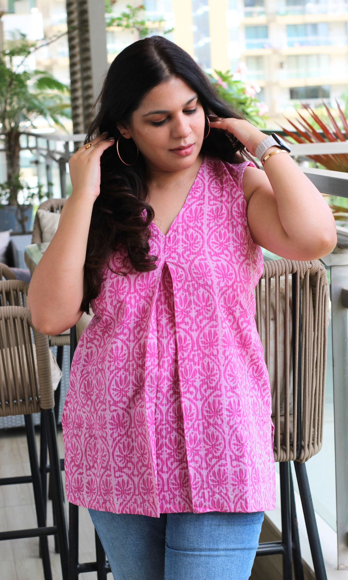 Pink Kantha Printed Cotton Pleated Short Kurti