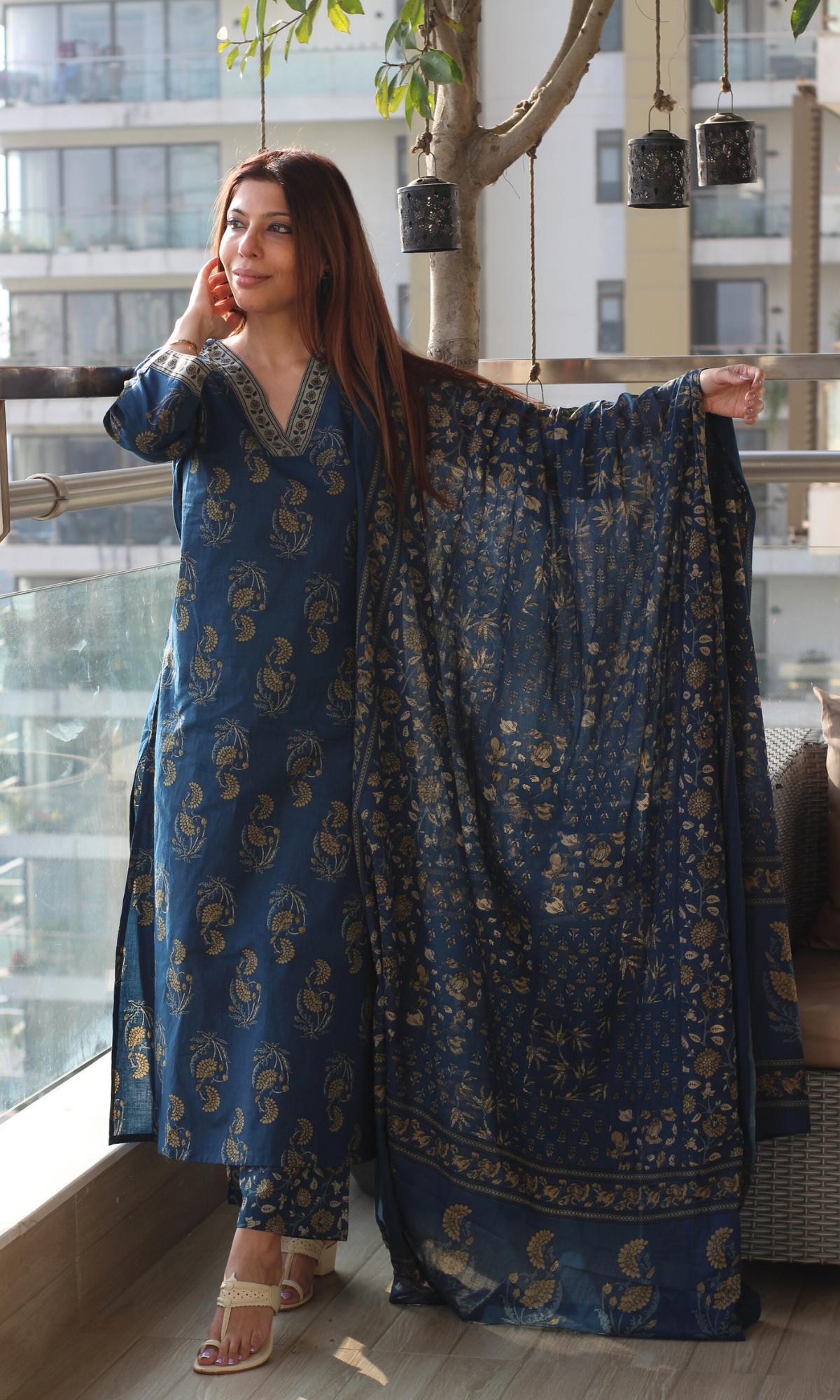 Cotton Pastel Blue Mughal Print Suit with Cotton Printed Dupatta