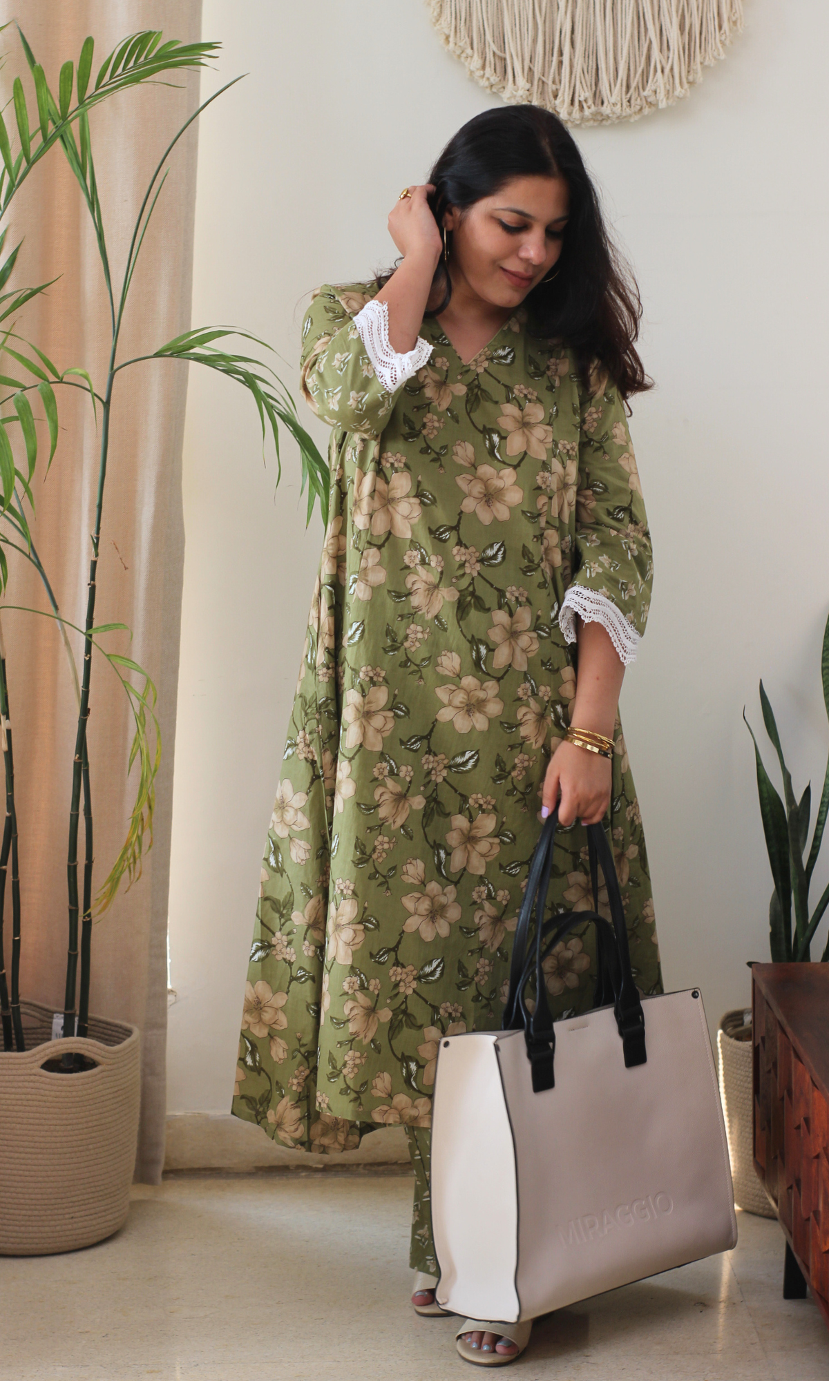 Olive Floral High Low Kurta with Palazzo