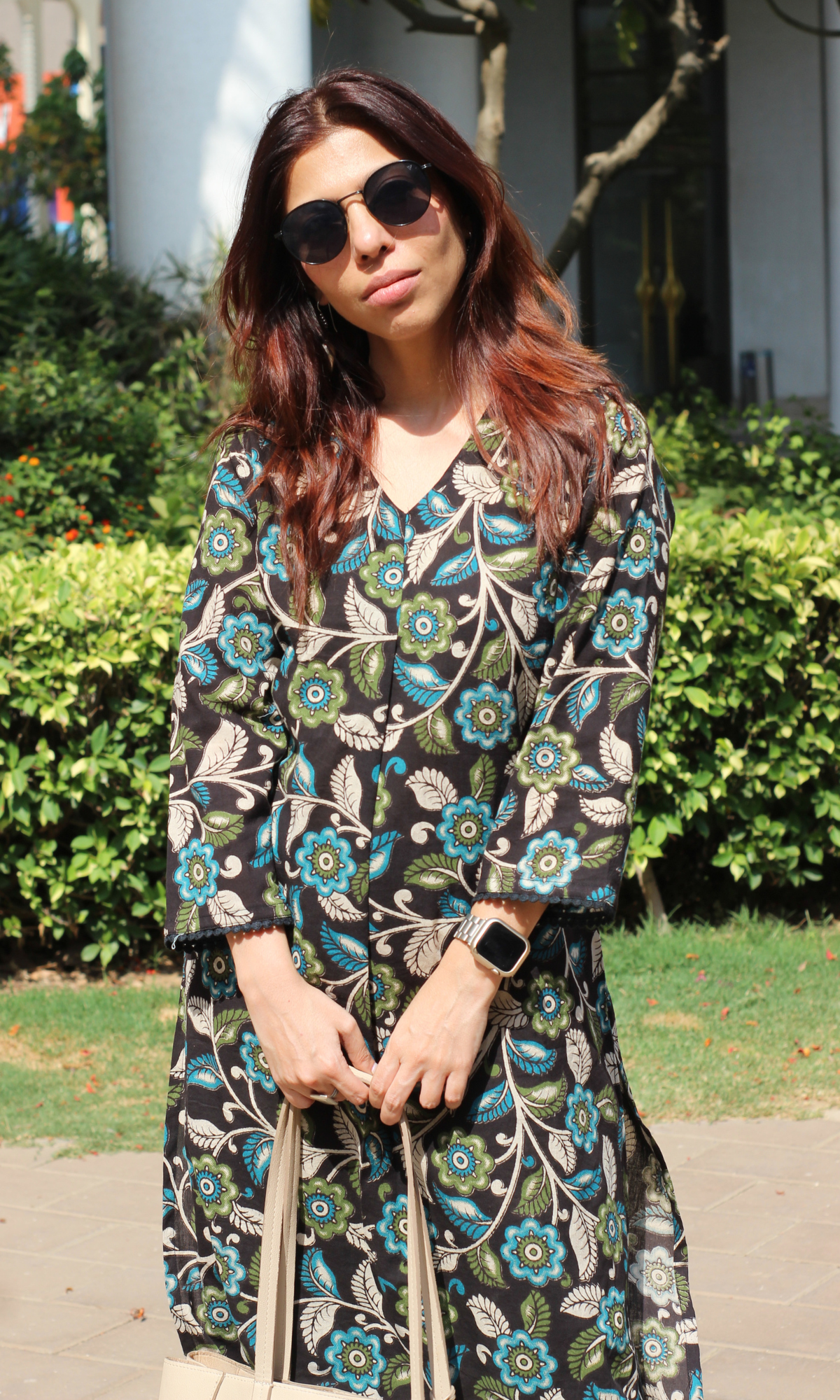 Cotton Black Kalamkari leaf Print Pleated Kurta & Pant