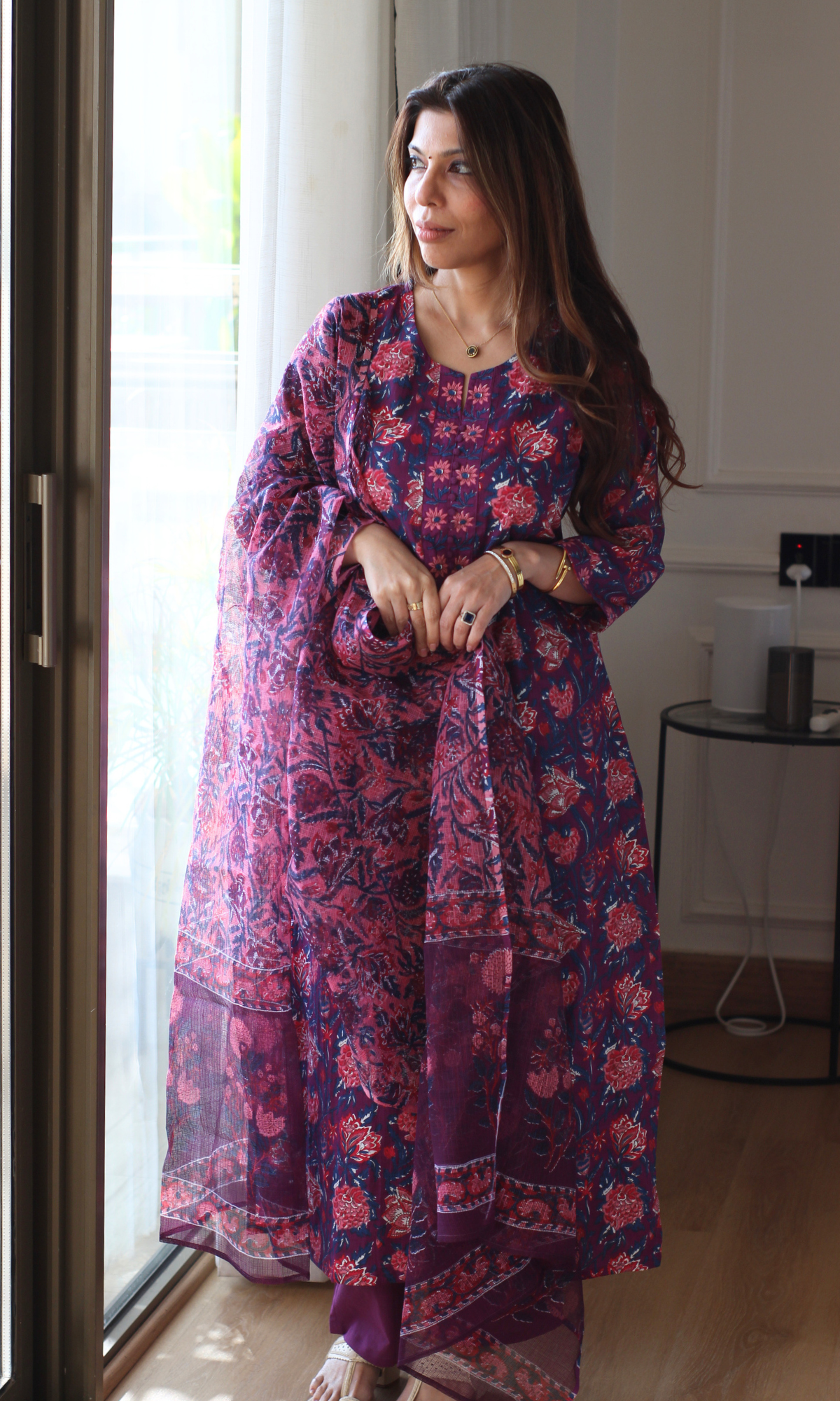 Bageecha Block Print Cotton Kurta, Pant & Kota Doria Printed Dupatta