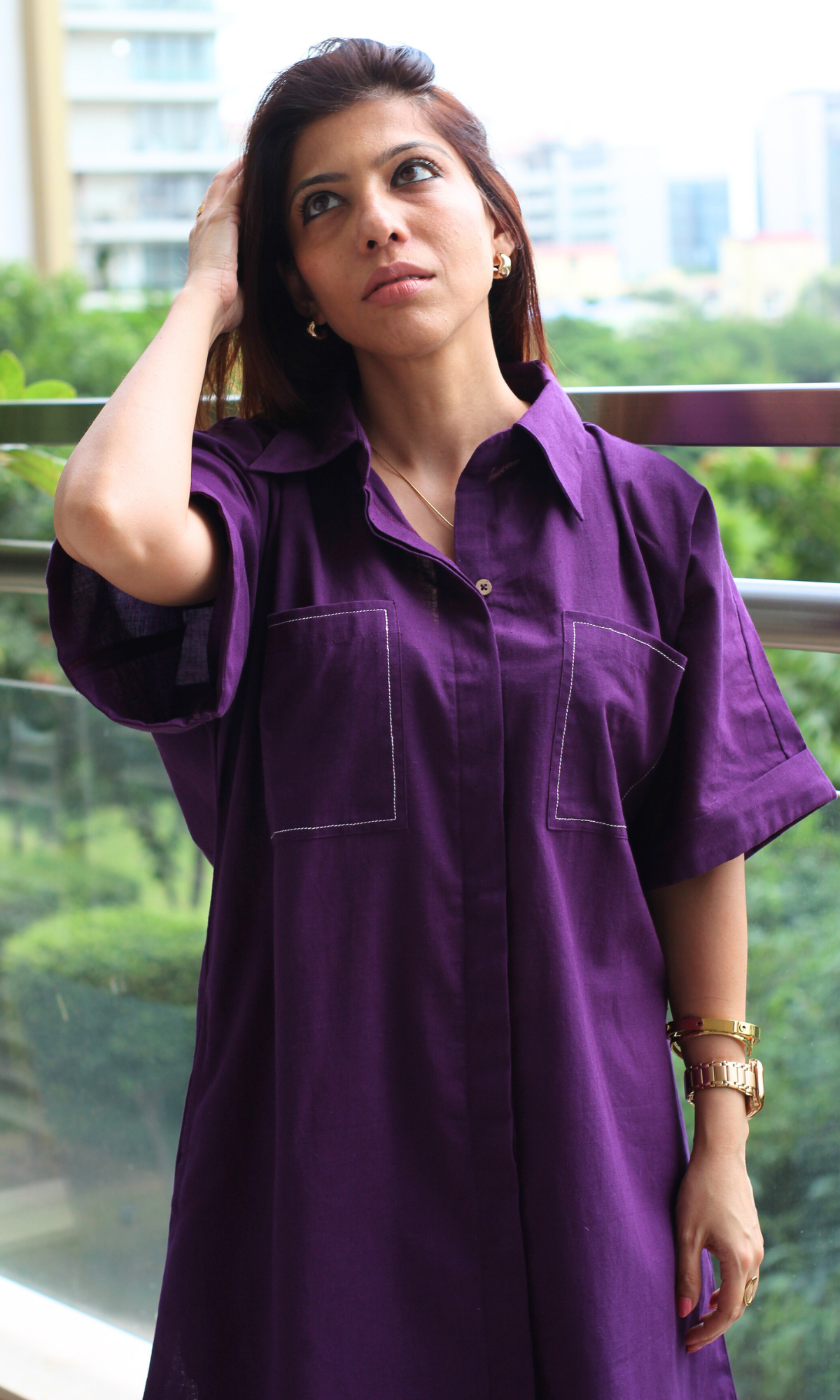 Purple Raga Contrast Thread Shirt Style Cotton Flex Coord