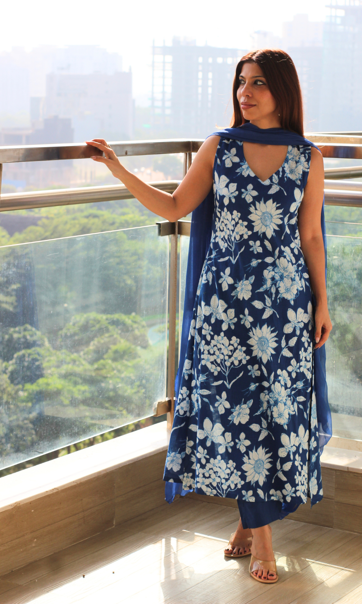 Blue Blossom A Line Sleeveless Kurta, Solid Pants & Chiffon Dupatta