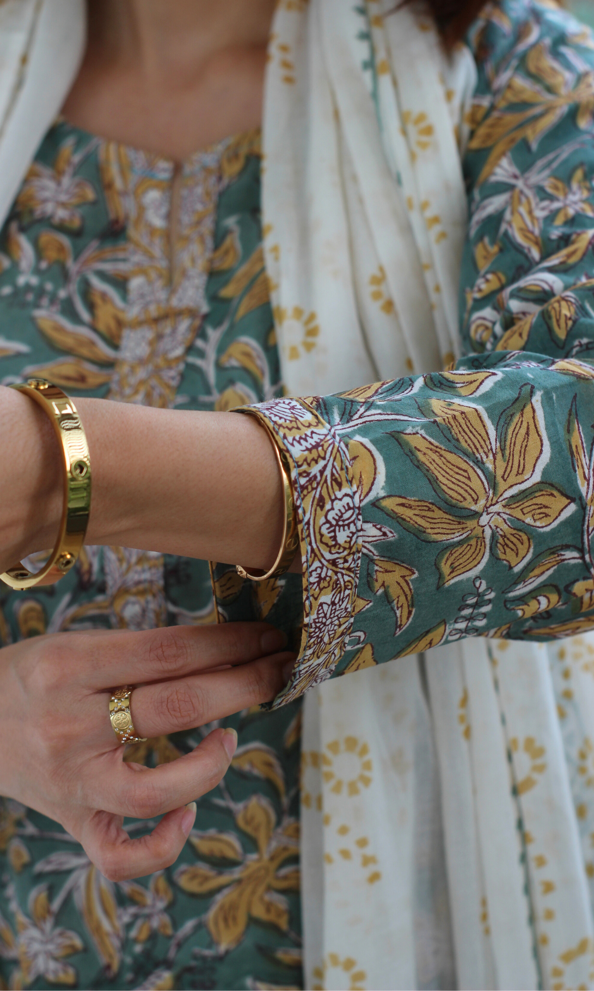 Cotton Bamboo Green Handblock Print Kurta, Pant and Mul Dupatta