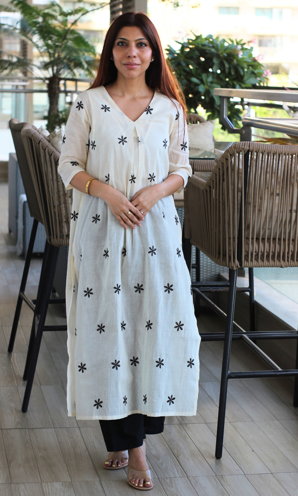 Kora Black Flowers Embroidered Pleated Kurta & Pants