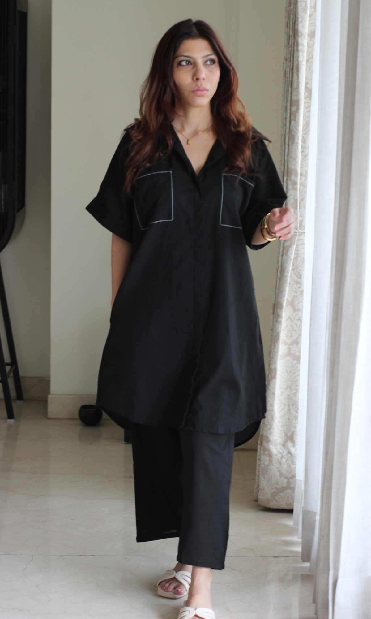 Black Contrast Thread Shirt Style Cotton Flex Co-ord