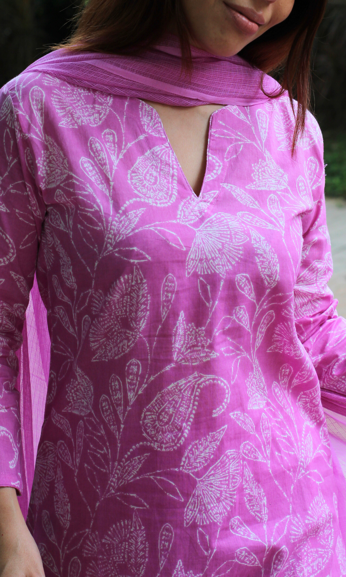 Pink Paisley Printed Cotton Kurta, Pant & Kota Doria Dupatta