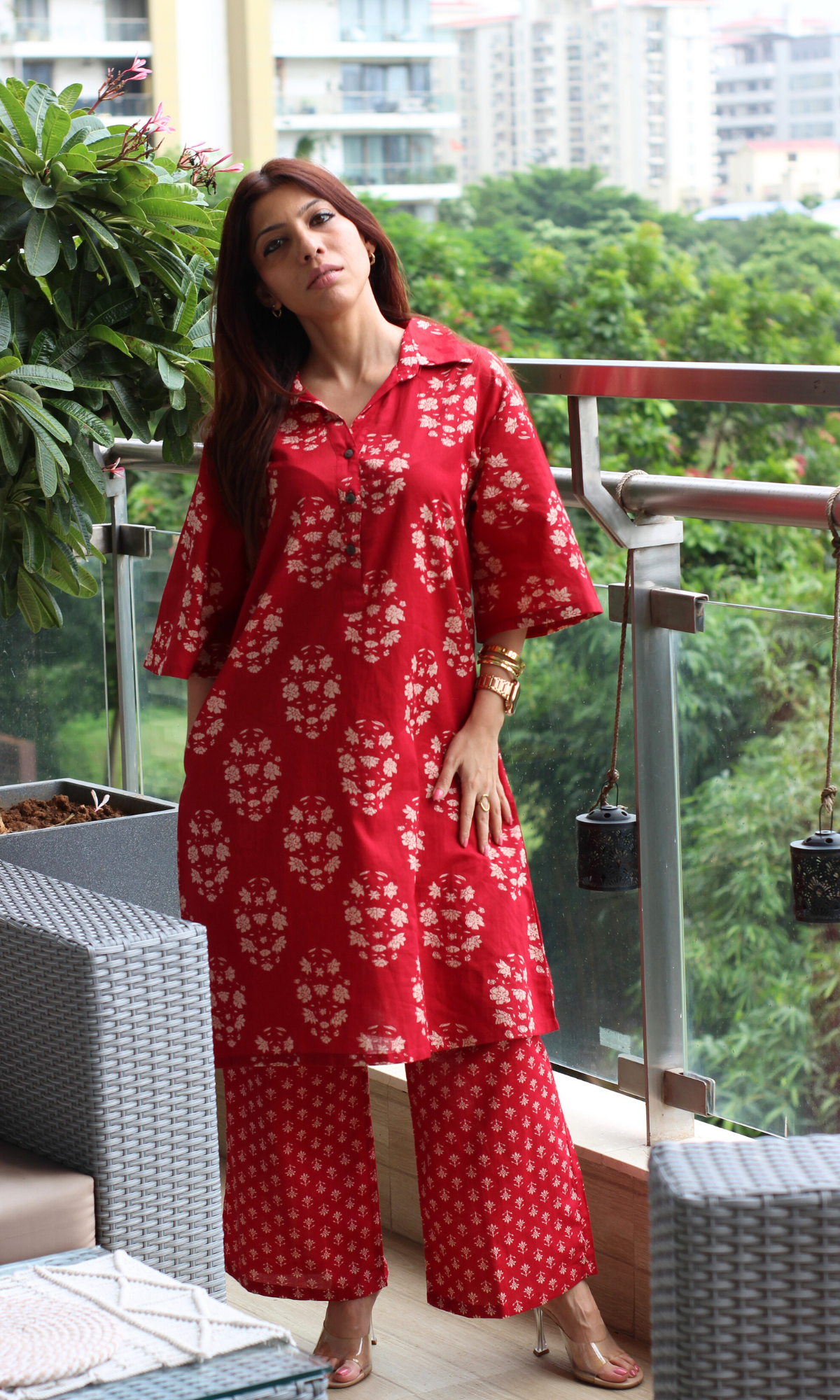 Red Bloom Collard Anti Fit Cotton Co-ord