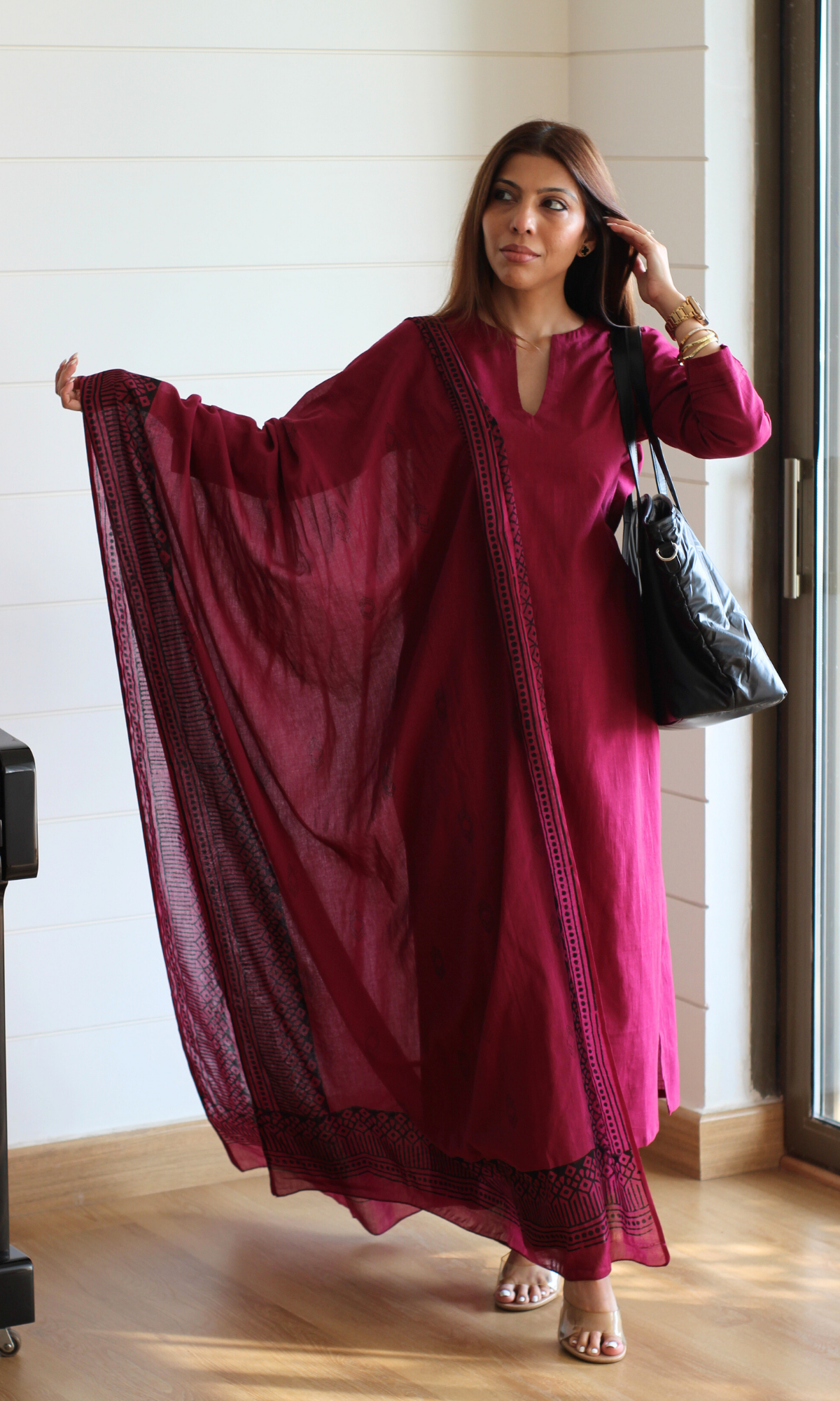 Cotton Slub Merlot Suit with Mul Line Wave Dupatta