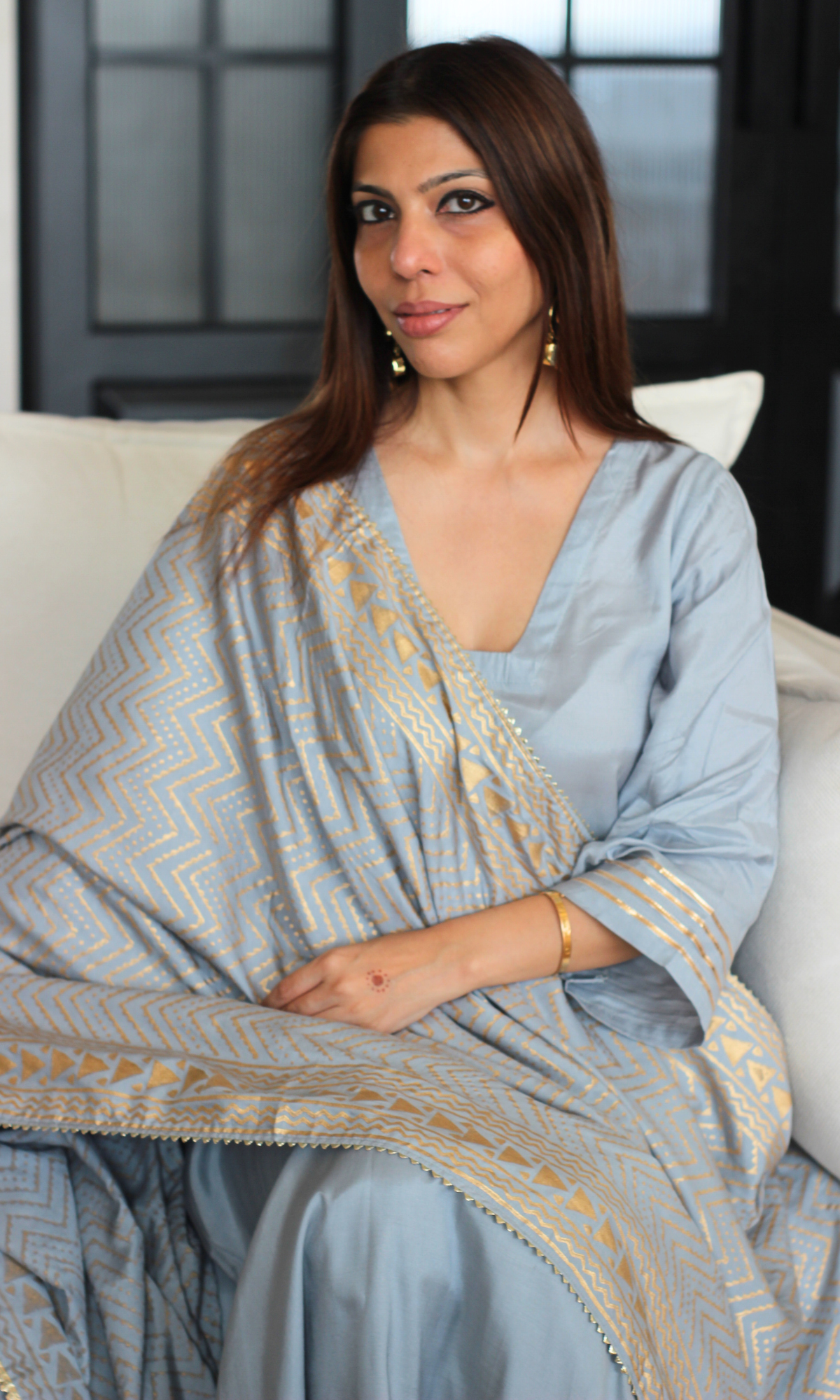 Mist Blue Feroza Muslin Silk Suit with Handpainted Dupatta