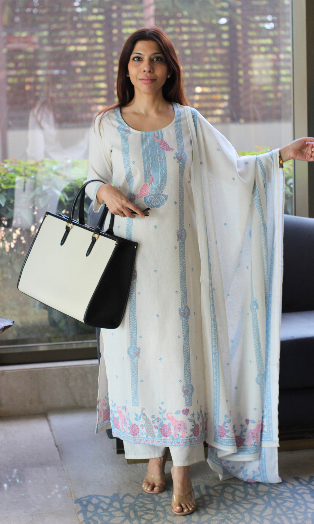 Linen Blend Off White Woven Kurta , Dupatta & Linen Blend Pants