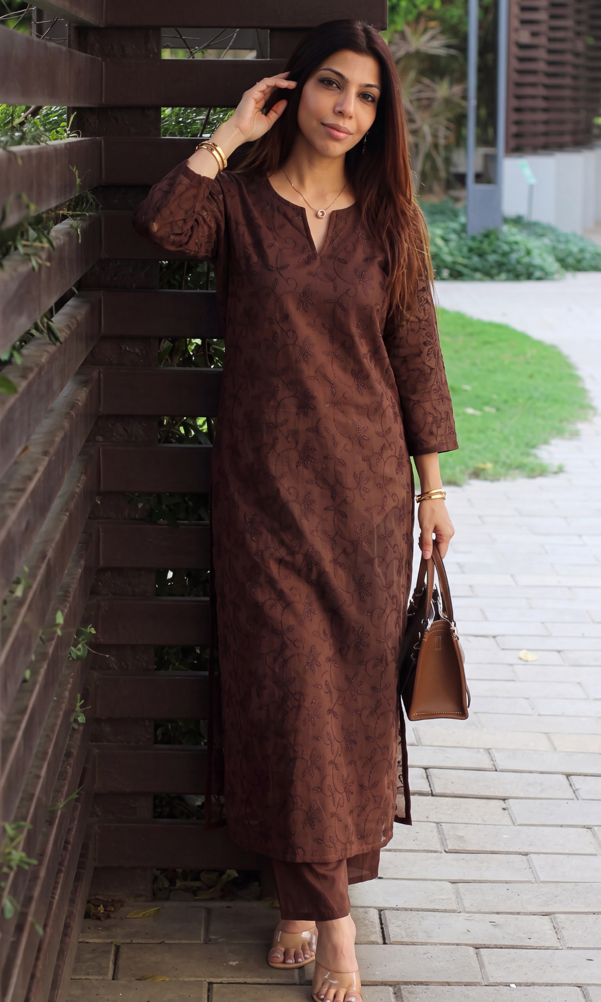 Dark Brown Overall Embroidered Kurta & Cotton Pants
