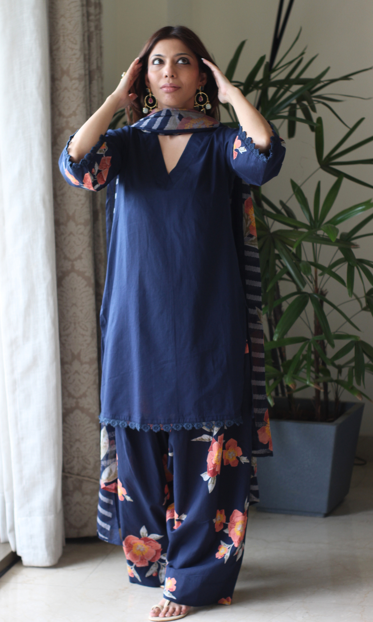 Navy Blue Gulzar Kurta with Farshi Salwar & Cotton Dupatta