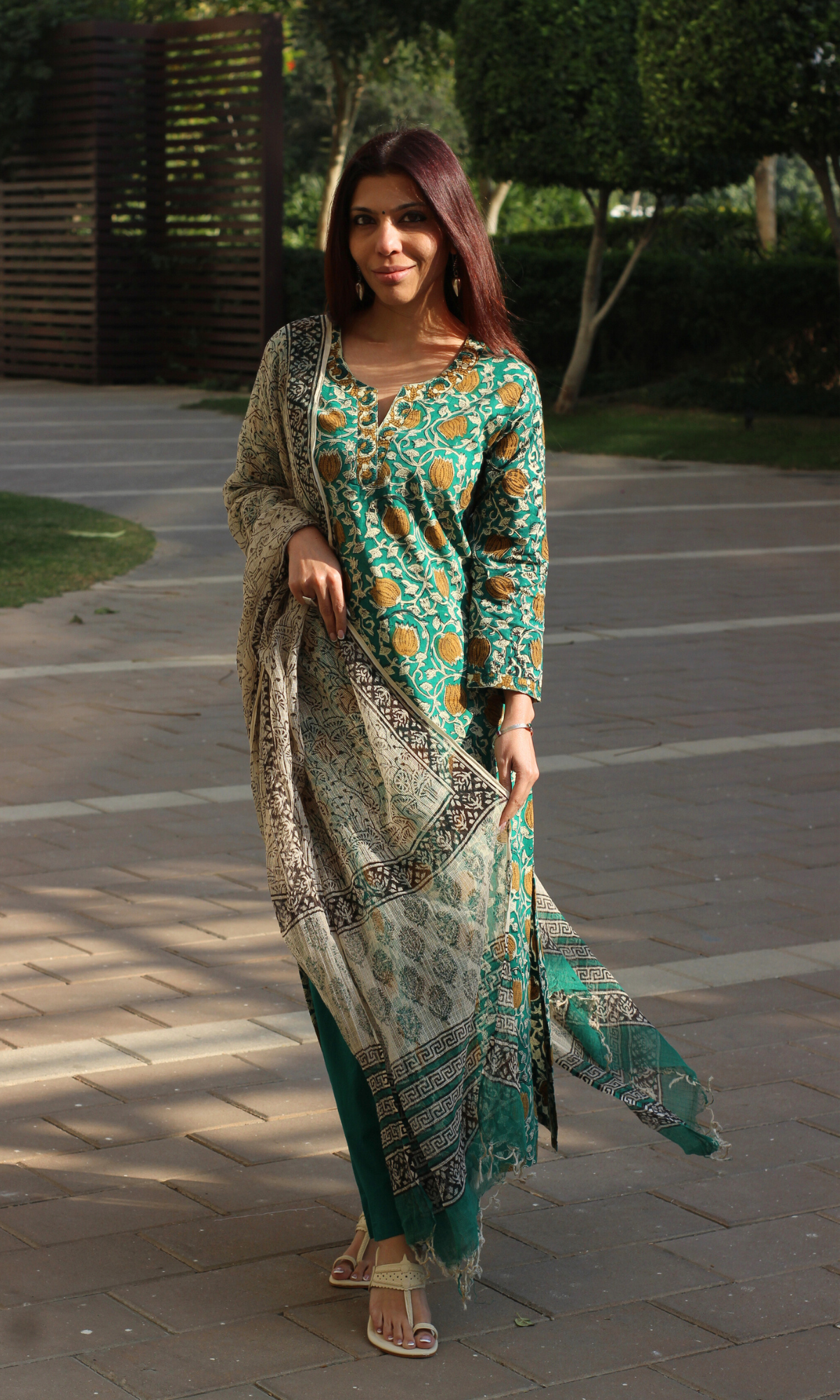 Cotton Green Handblock Kalamkari Print Suit with Kota Doria Dupatta