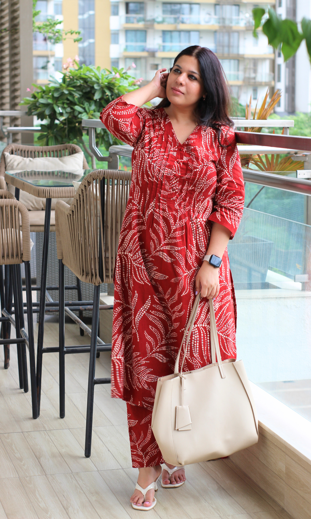 Red Dotted Leafy Print Pleated Kurta & Pant