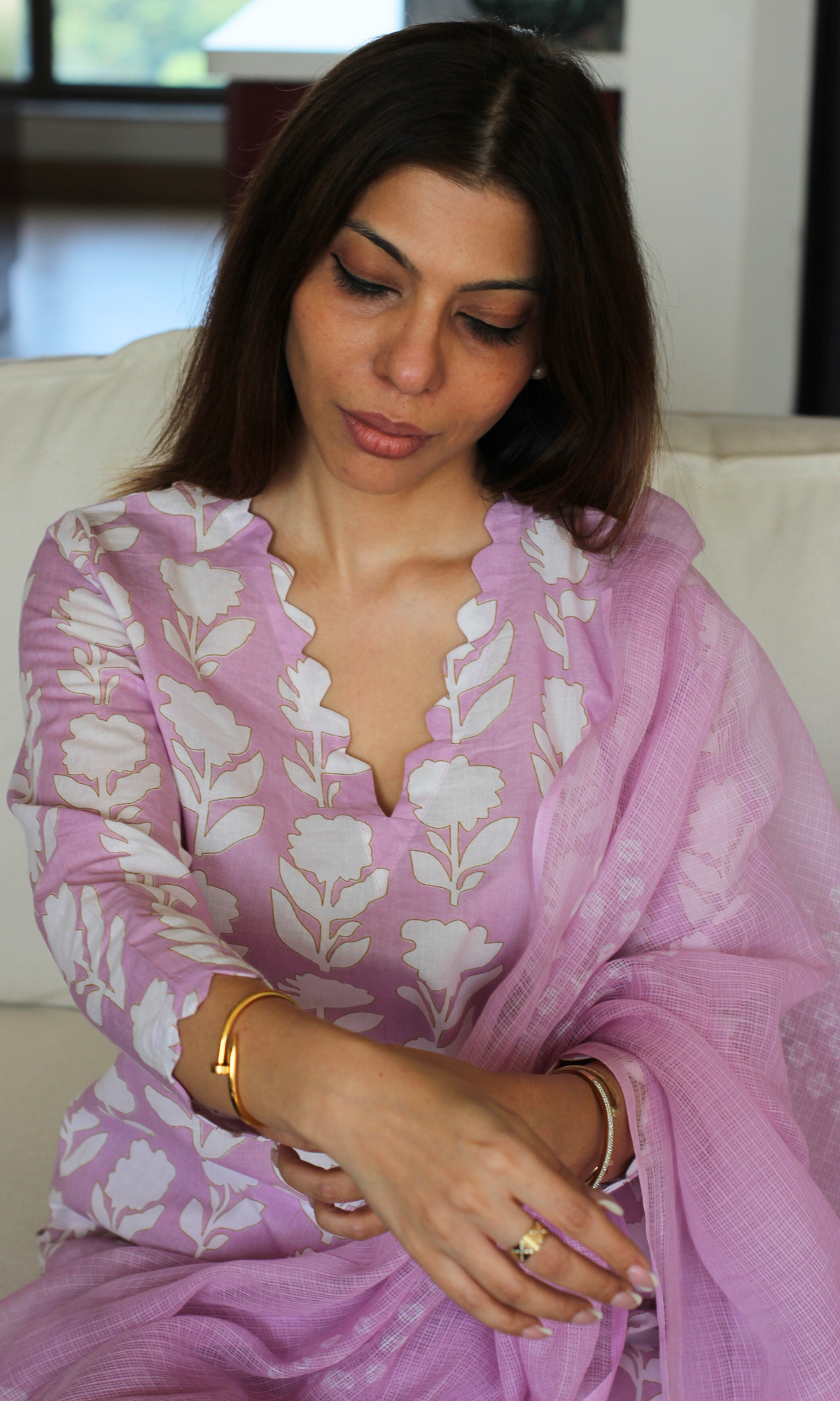 Cotton Lilac Flower Print Kurta, Solid Pants & Kota Doria Shibori Dupatta