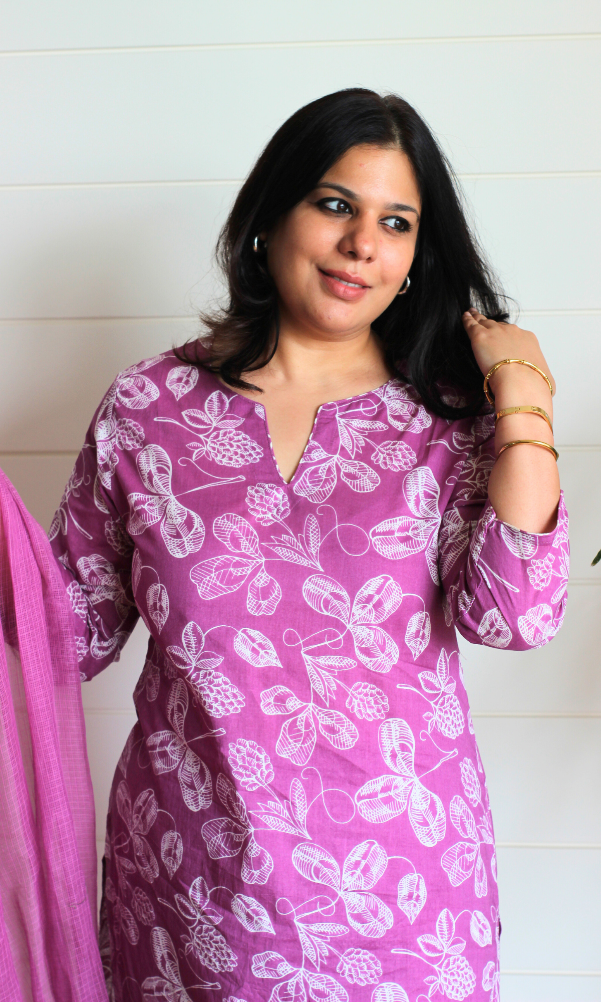 Cotton Mulberry Petal Print Kurta, Pant & Kota Doria Dupatta