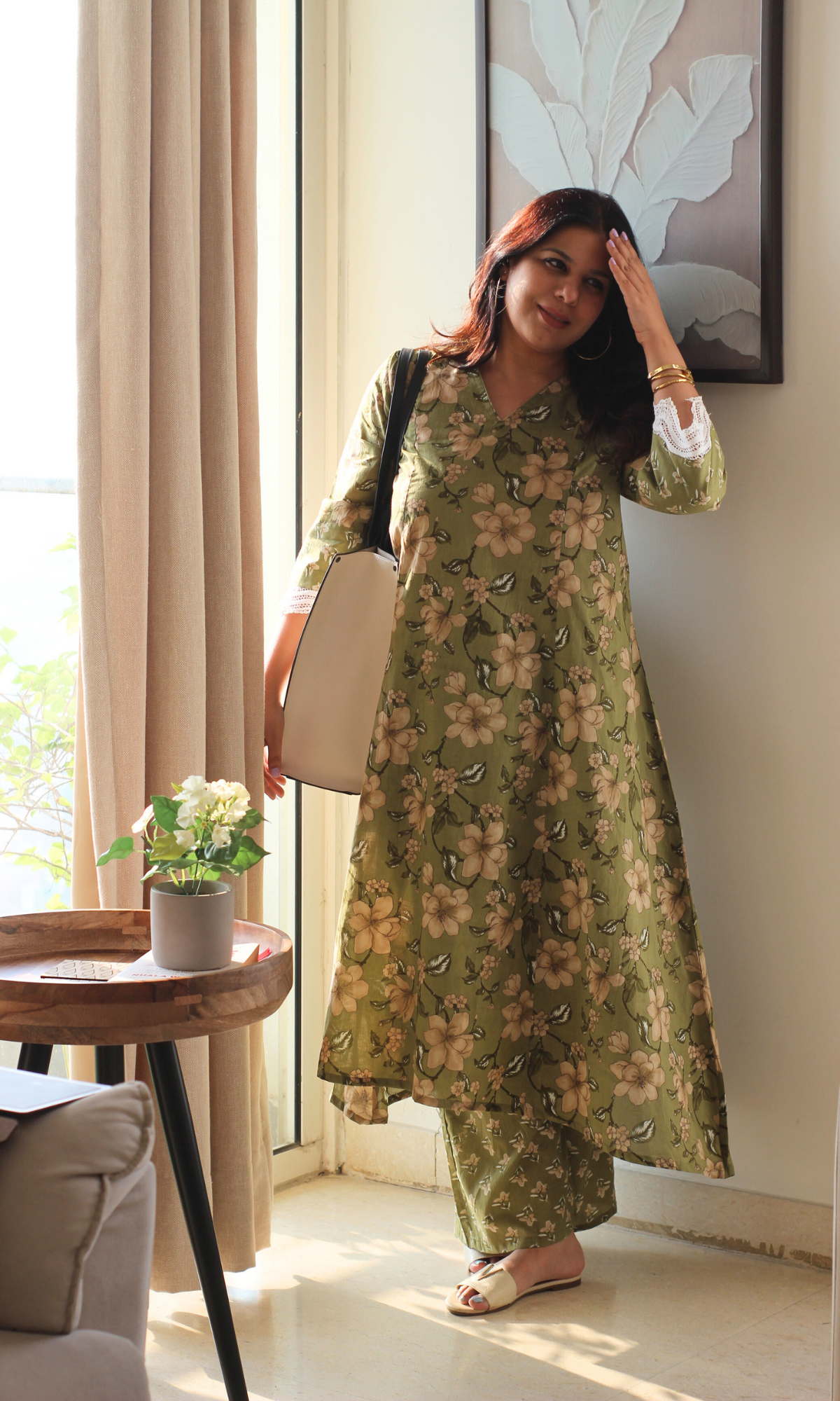 Olive Floral High Low Kurta with Palazzo