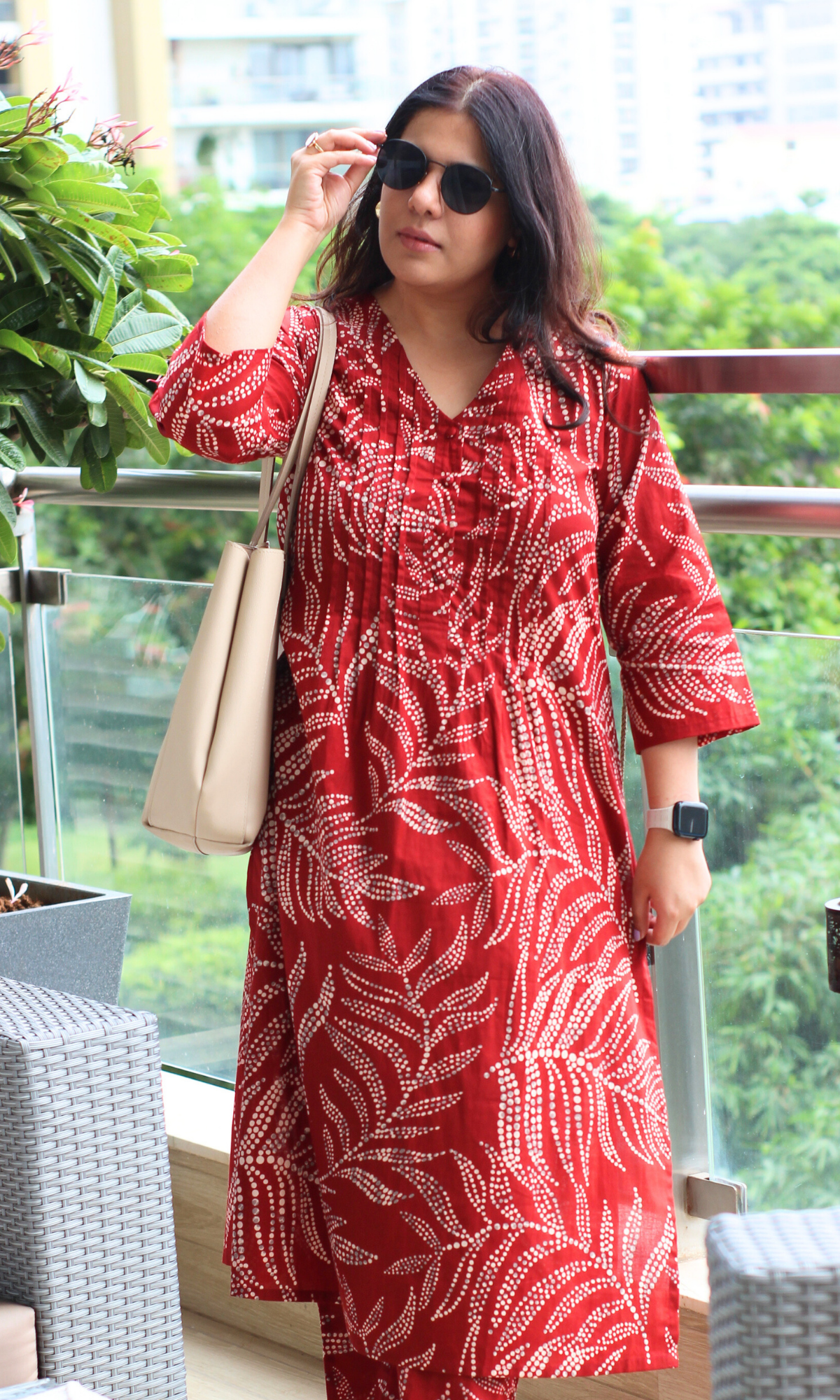 Red Dotted Leafy Print Pleated Kurta & Pant