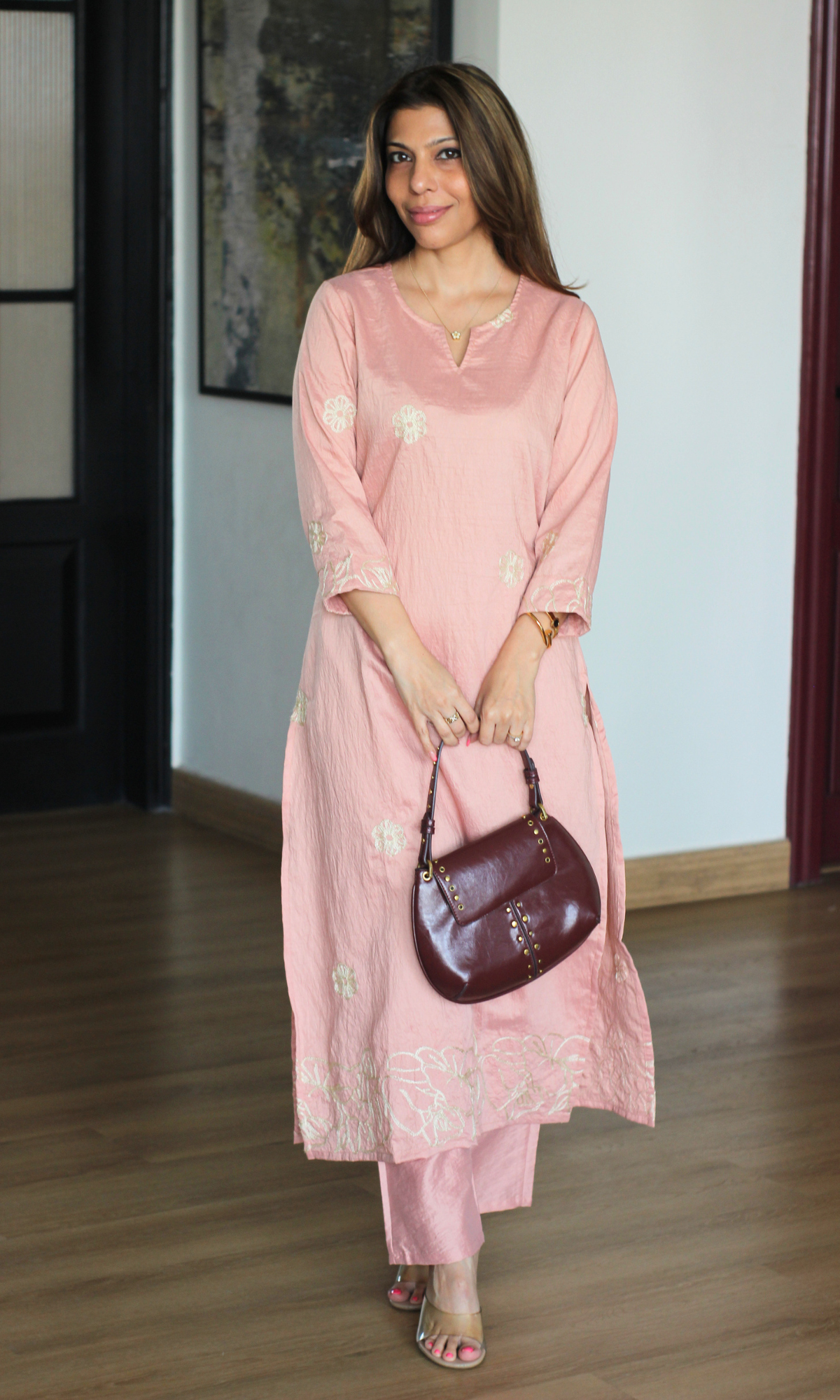 Peach Flower Embroidered Kurta & Pant