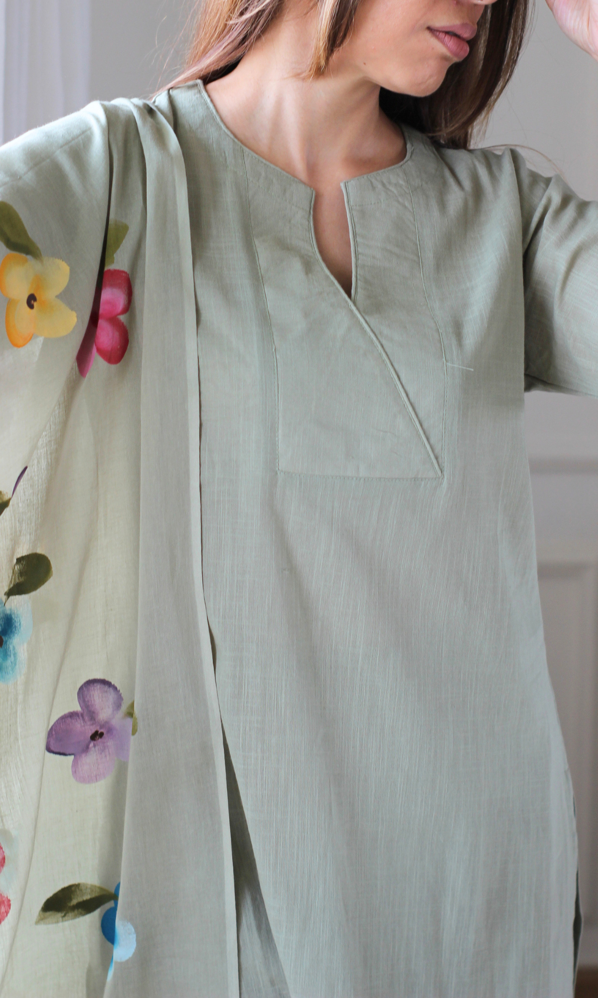 Soft Olive Garden Slub Kurta, Pant with Cotton Handbrush Painted Dupatta