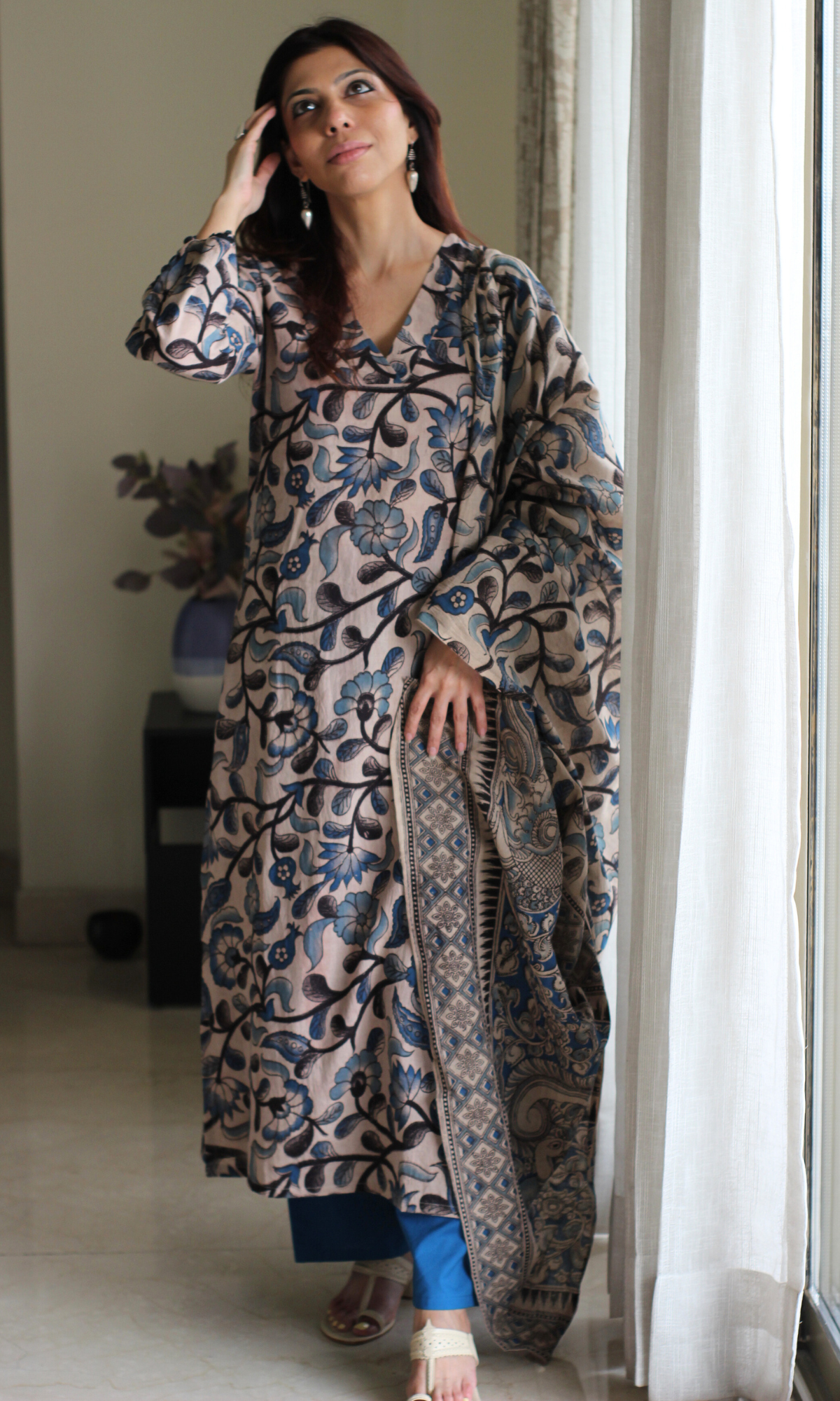 Noor Blue Handblock Kalamkari Kurta, Dupatta & Cotton Pants
