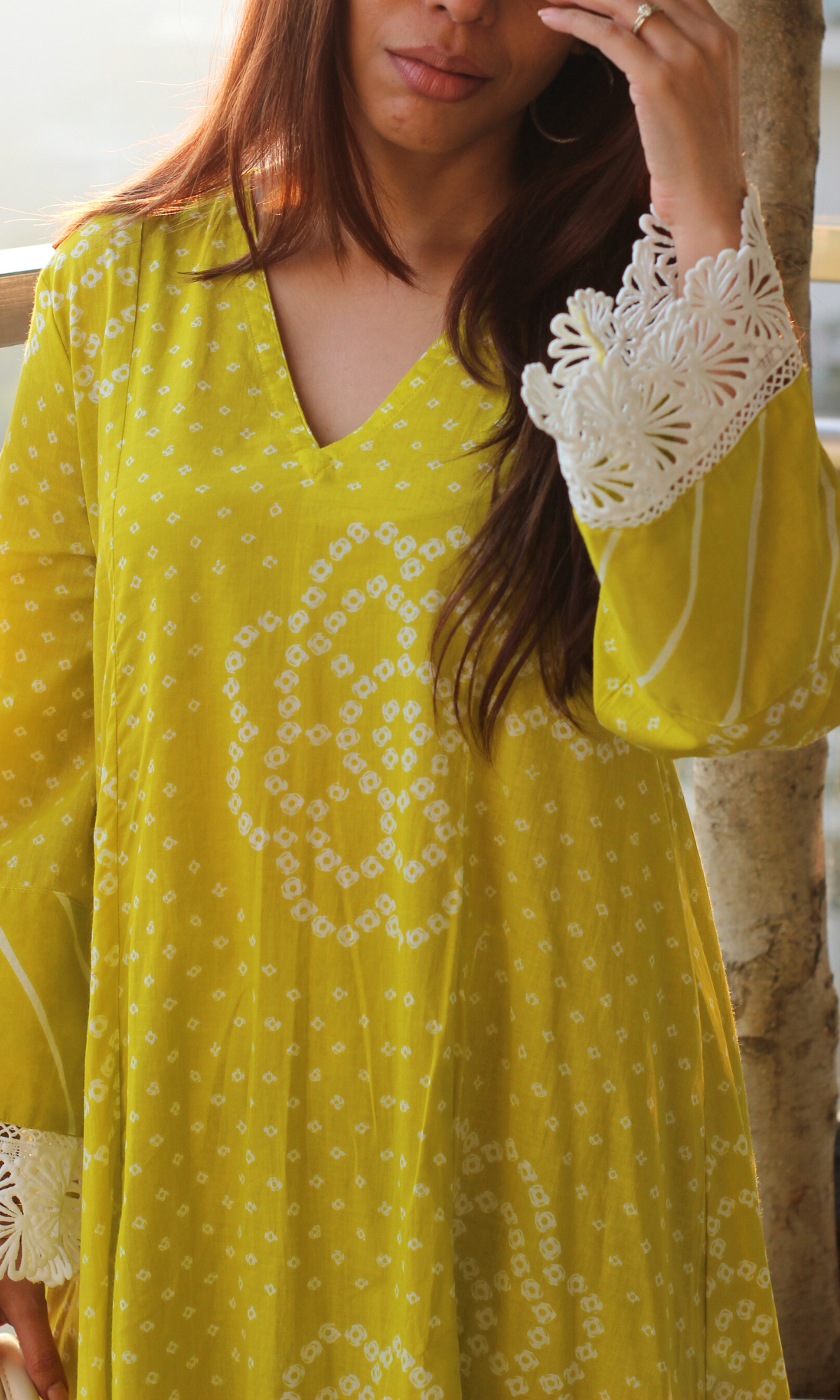 Cotton Lime Meadow Print High Low Kurta & Palazzo
