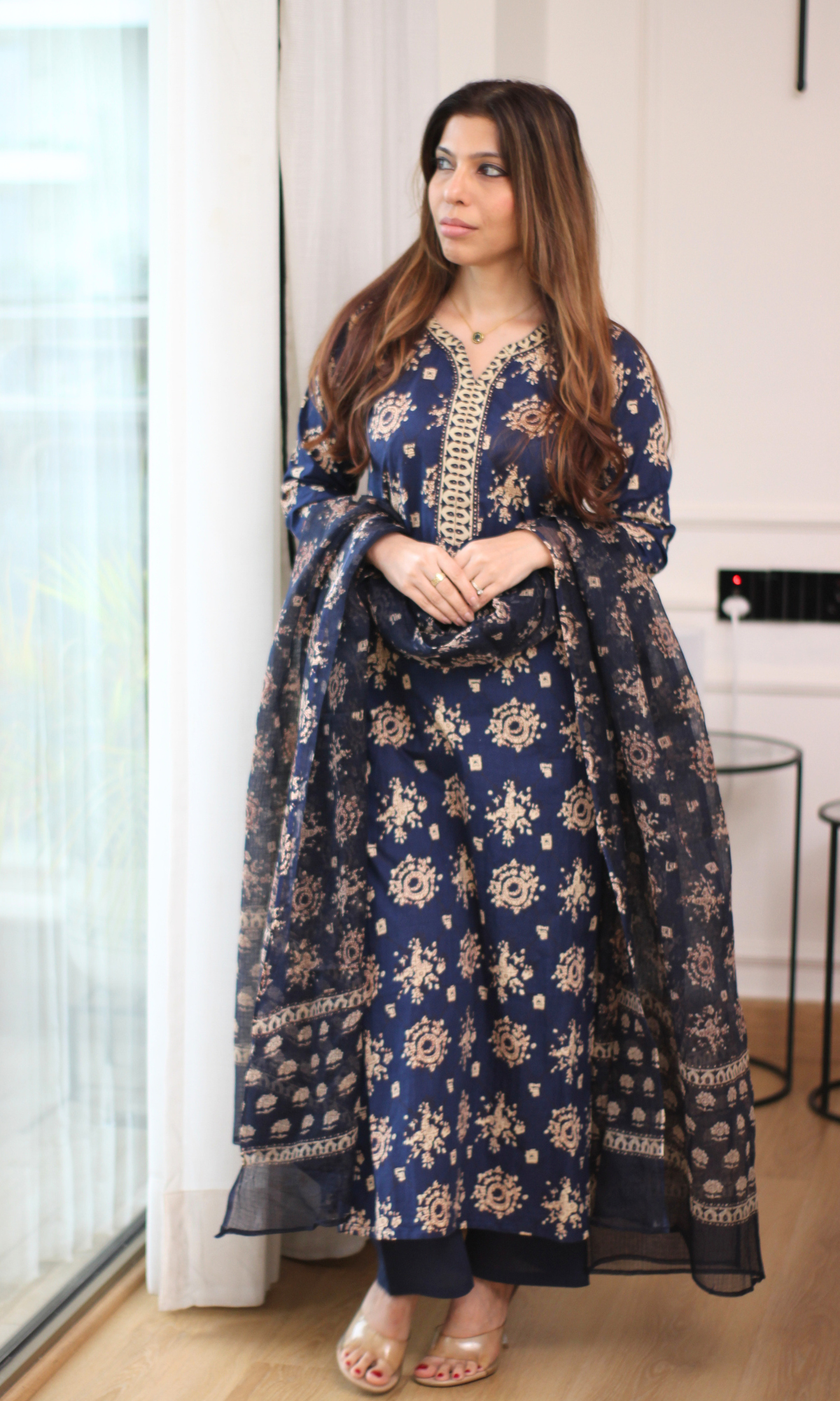 Neelofar Block Print Kurta, Pant & Kota Doria Printed Dupatta