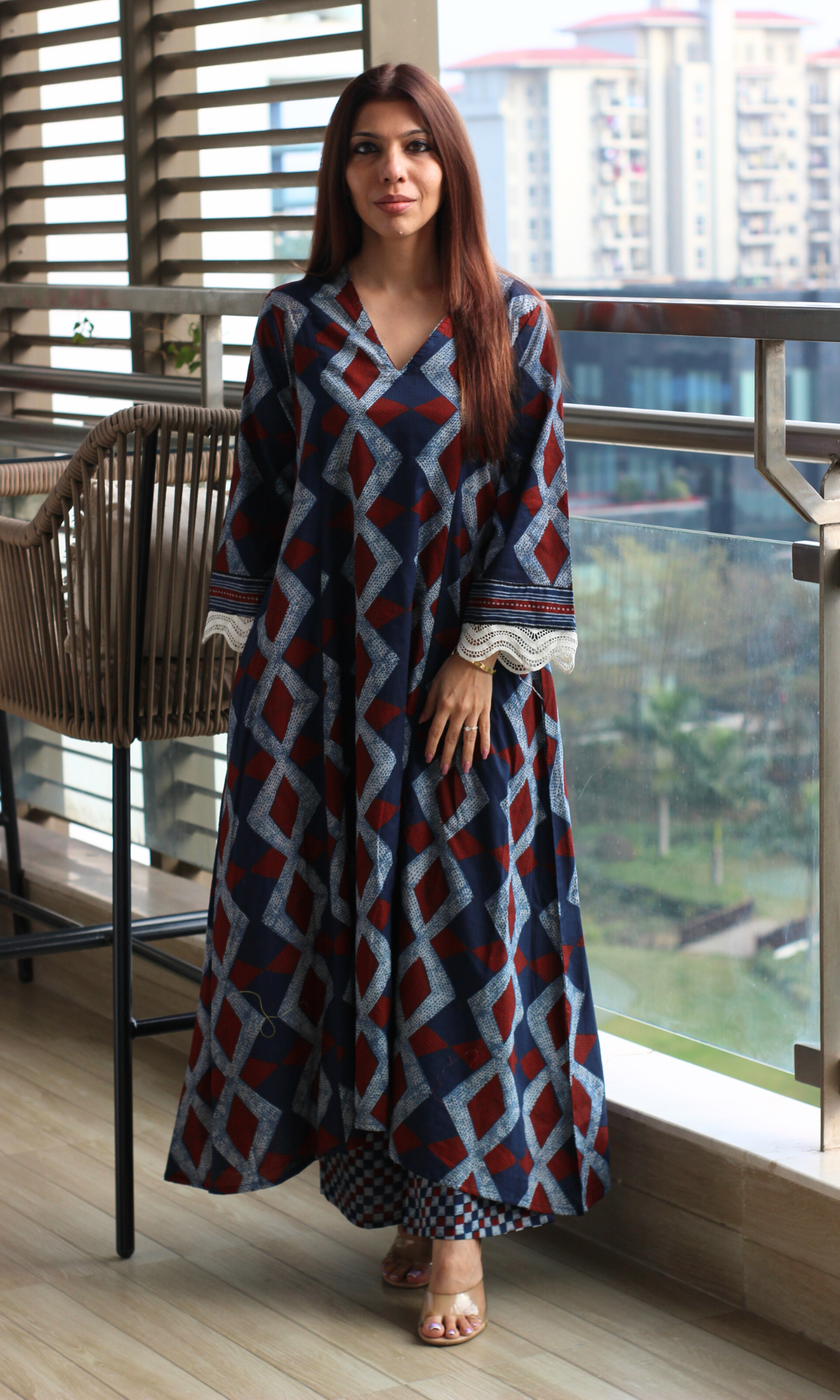Indigo & Maroon Diamond Print High Low Kurta & Pant Co-ord